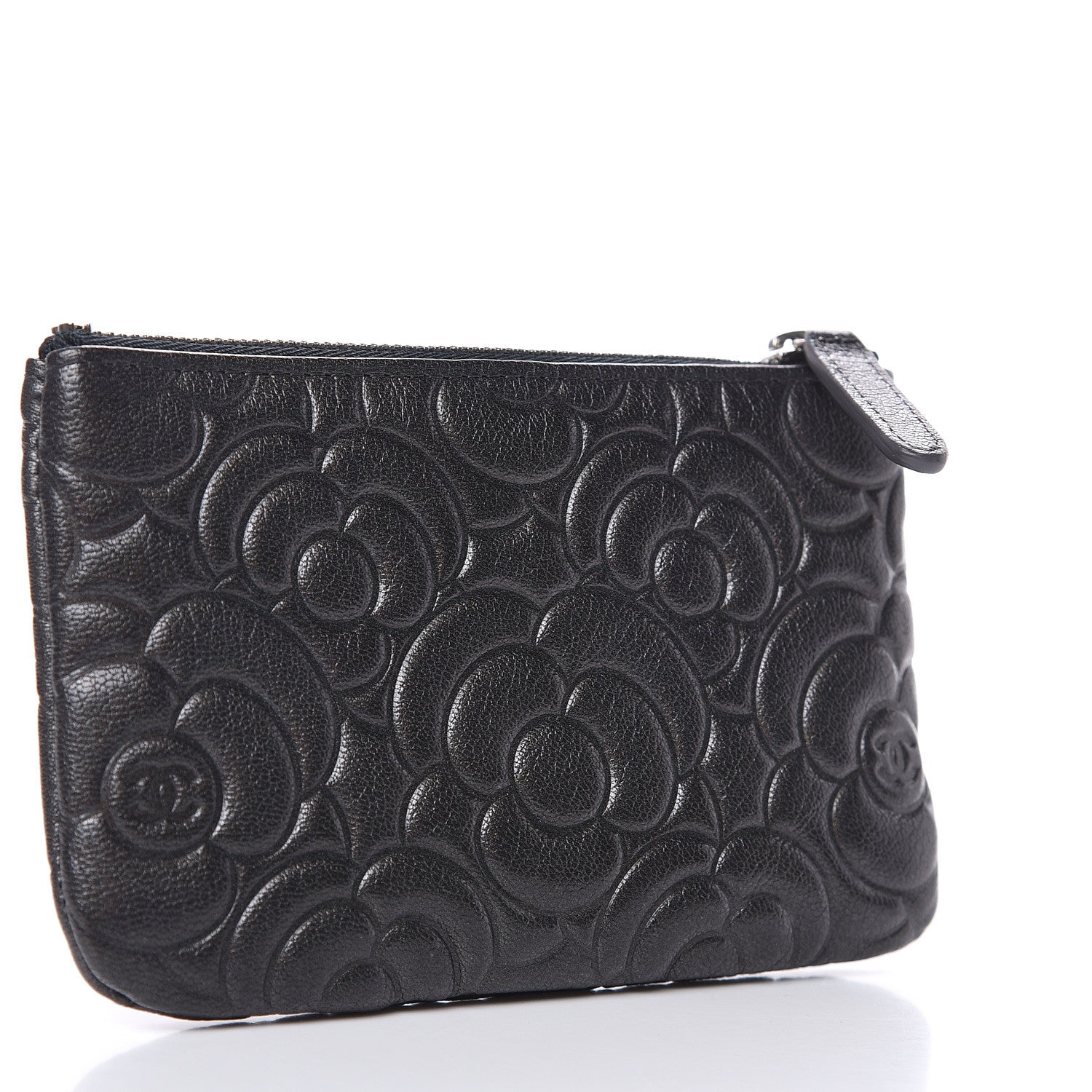 Chanel Goatskin Camellia Embossed Cosmetic Pouch Anthracite 3 of 8