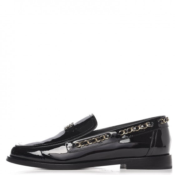 Patent Calfskin CC Chain Mocassin Loafers 38.5 Black