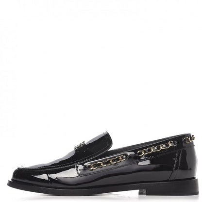 Chanel Patent Calfskin CC Chain Mocassin Loafers 38.5 Black 1 of 9