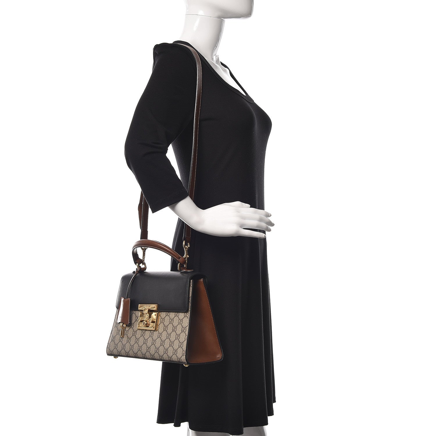 Gucci GG Supreme Monogram Calfskin Small Padlock Top Handle Bag Beige Black Cuir 2 of 13