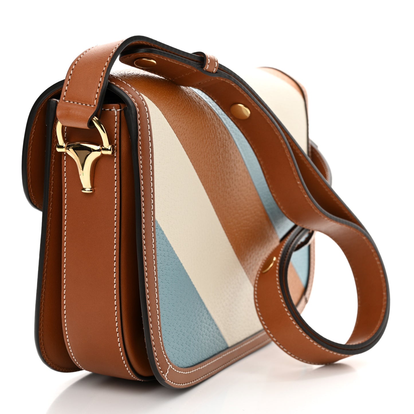 X DANS LE VERT Textured Dollar Calfskin Horsebit 1955 Shoulder Bag Dusty Azure Harness Brown Mystic White