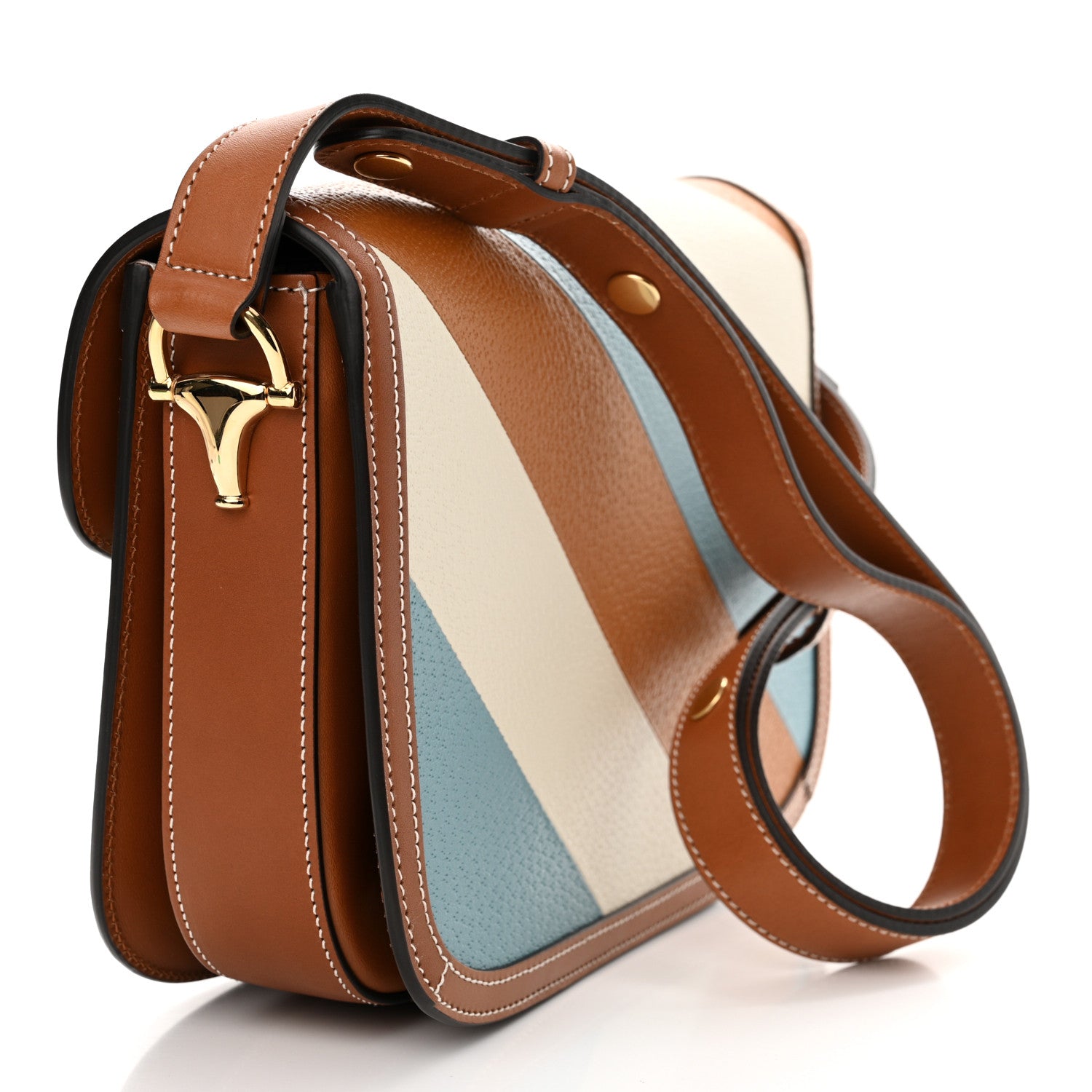 Gucci X DANS LE VERT Textured Dollar Calfskin Horsebit 1955 Shoulder Bag Dusty Azure Harness Brown Mystic White 3 of 13