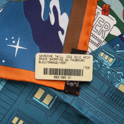 Hermes Silk Space Shopping Au Faubourg Pocket Square Scarf Bleu Orange Vert 6 of 7