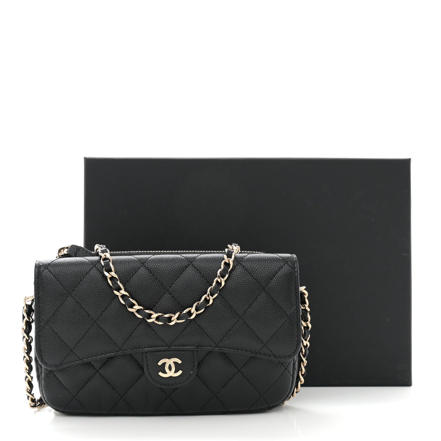 Caviar Quilted Flap Phone Holder With Chain Black