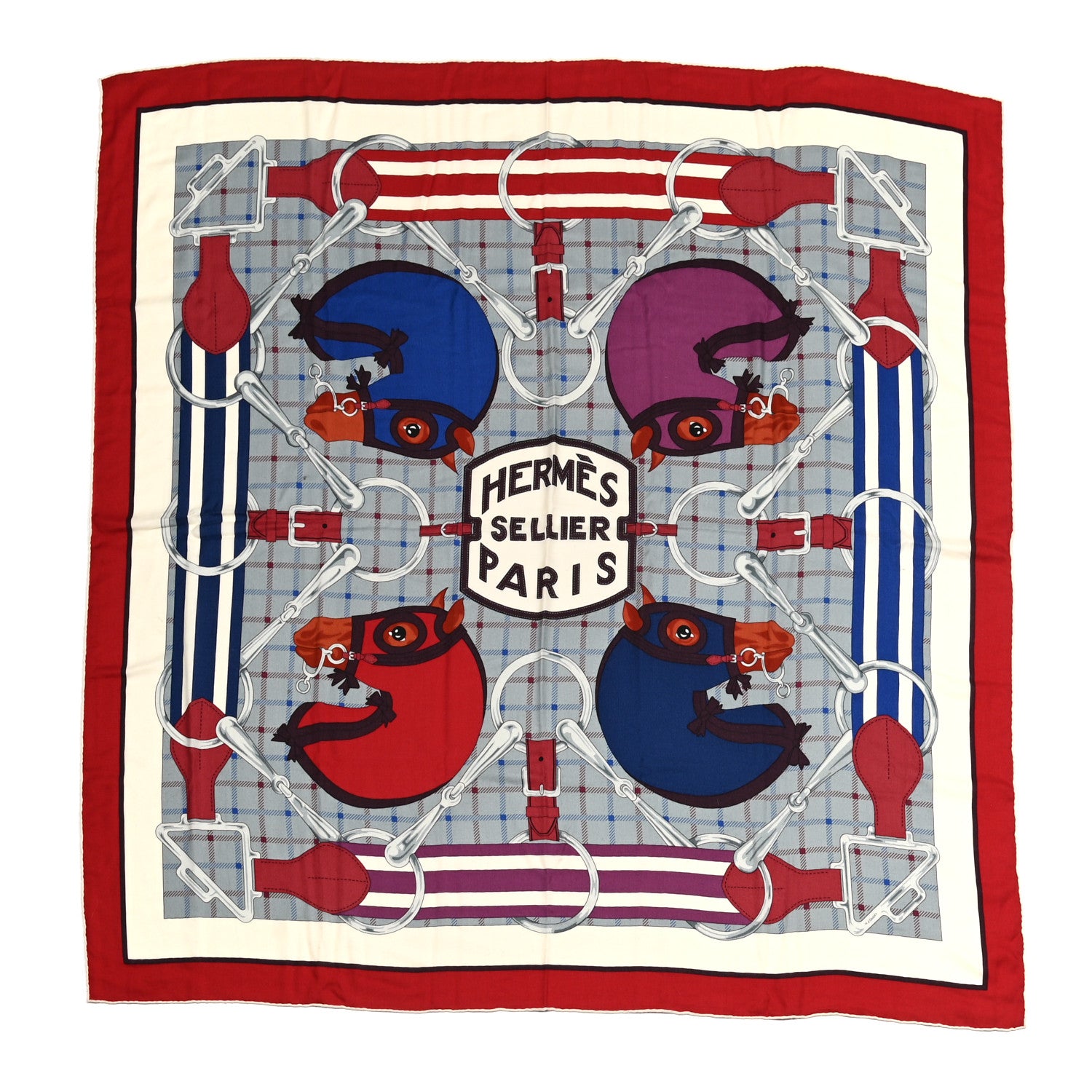Hermes Cashmere Silk Tatersale Shawl 140 Rouge H Gris Bleu 1 of 5