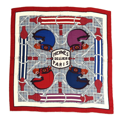 Hermes Cashmere Silk Tatersale Shawl 140 Rouge H Gris Bleu 1 of 5