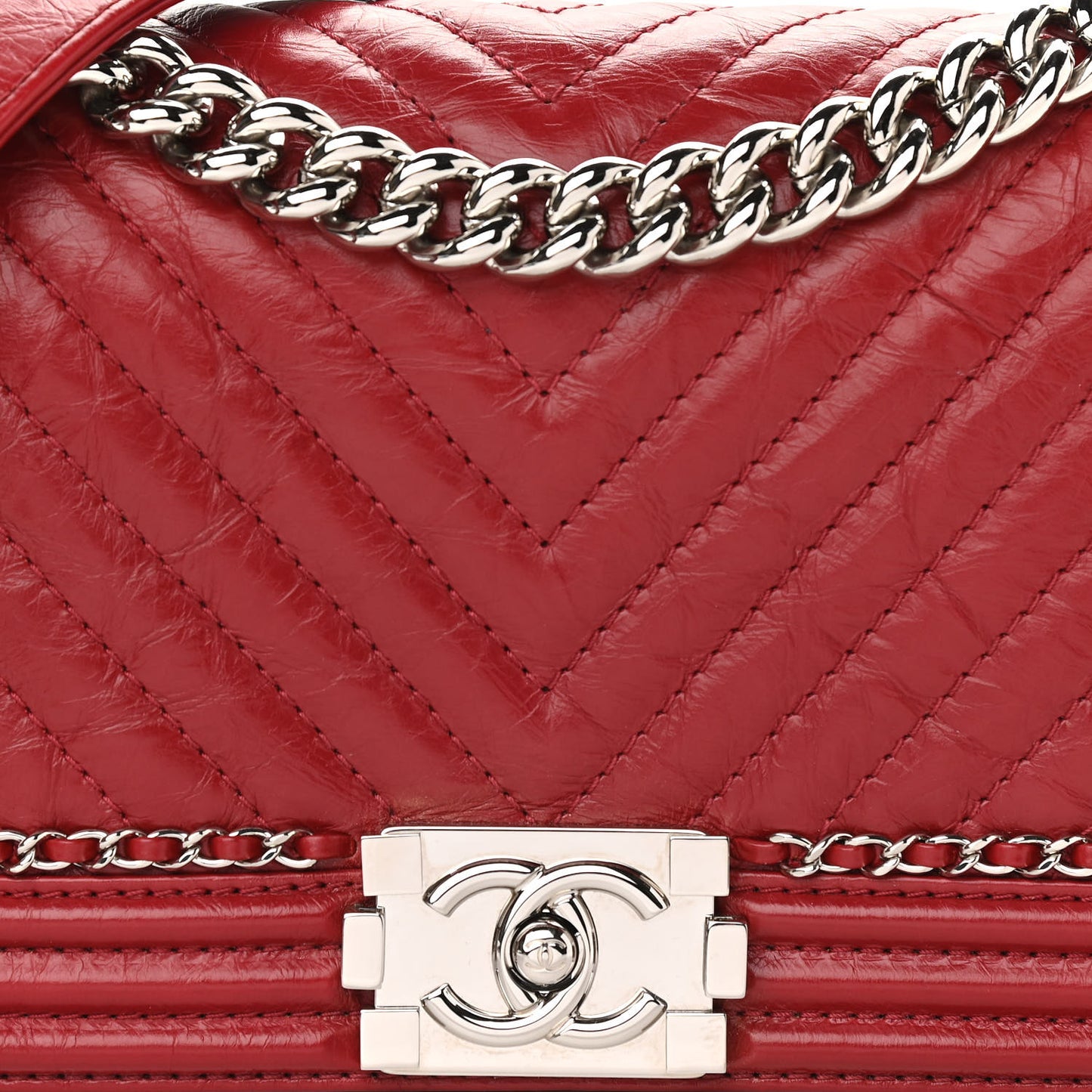 Aged Calfskin Chevron Quilted Medium Jacket Boy Flap Red