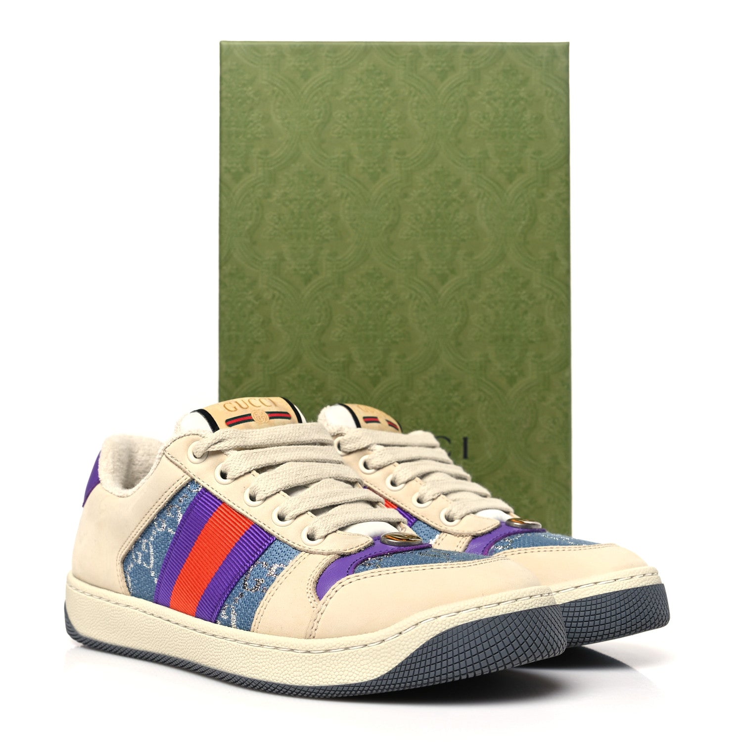 Gucci Calfskin Lame GG Monogram Web Womens Screener Sneakers 35.5 Blue Silver Dusty Milk Shine Purple 10 of 10