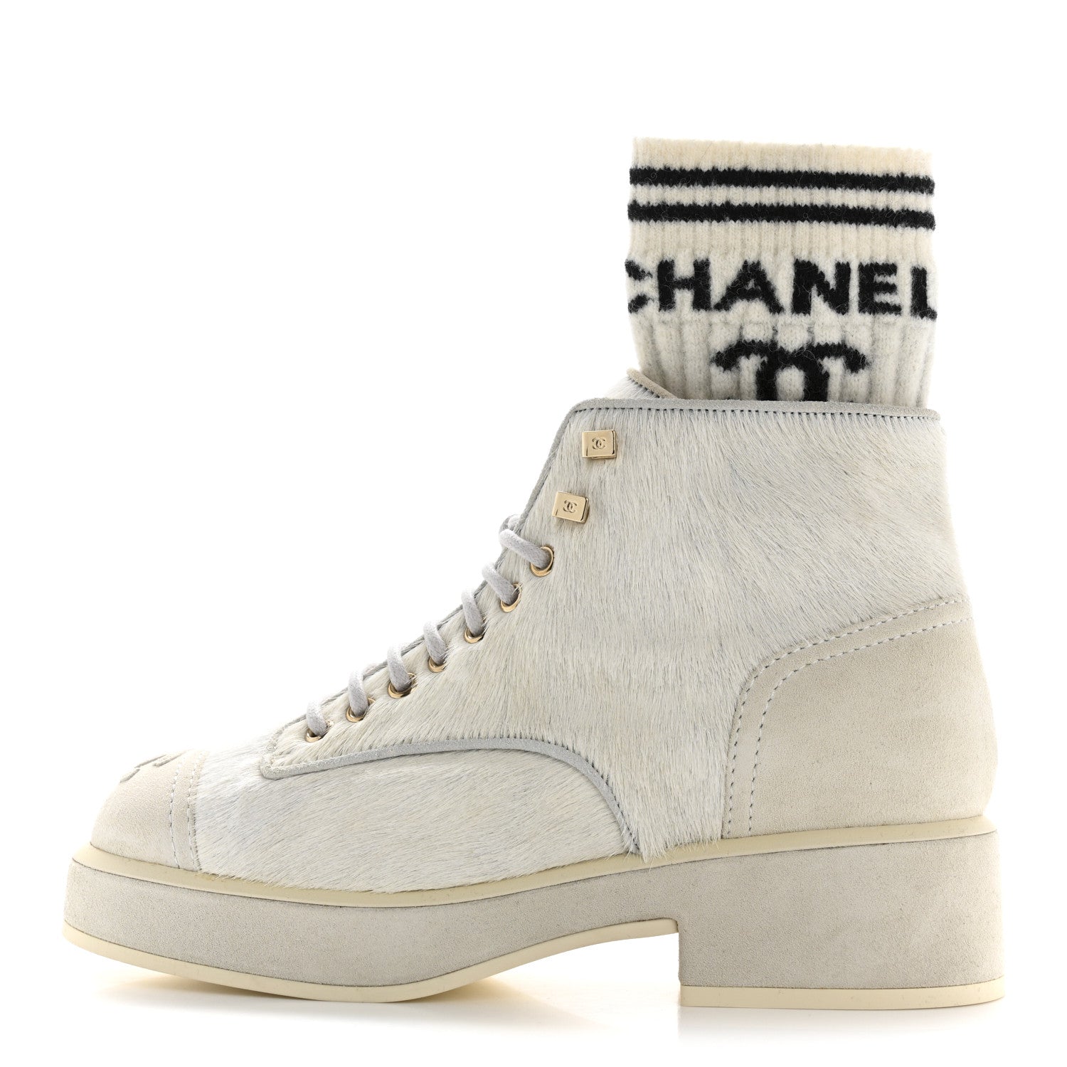 Chanel Suede Pony Hair Shearling Lace Up Combat Boots 36.5 White 1 of 9