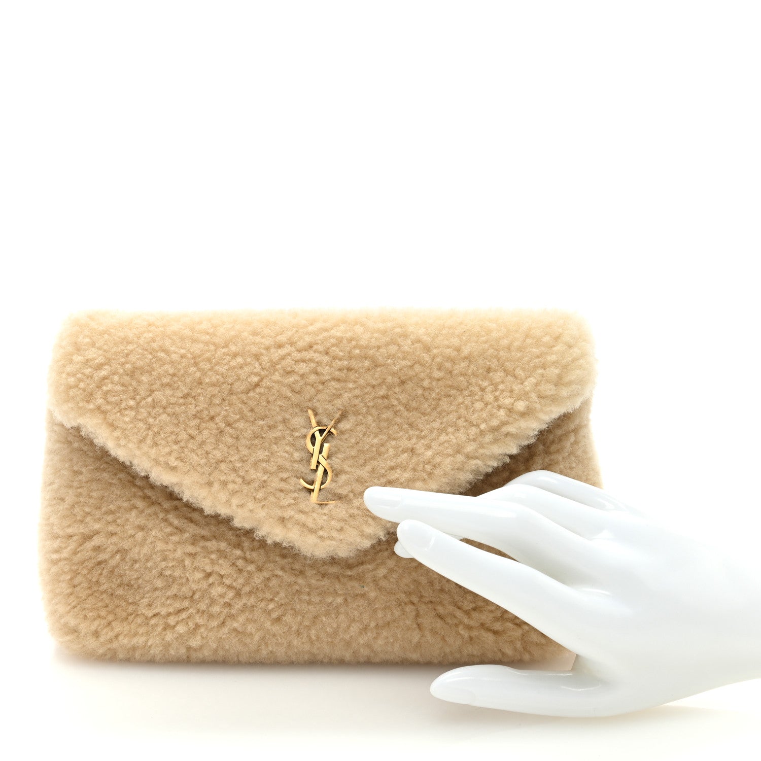 Saint Laurent Shearling Quilted Monogram Loulou Puffer Pouch Clutch Natural Beige Brick 3 of 11