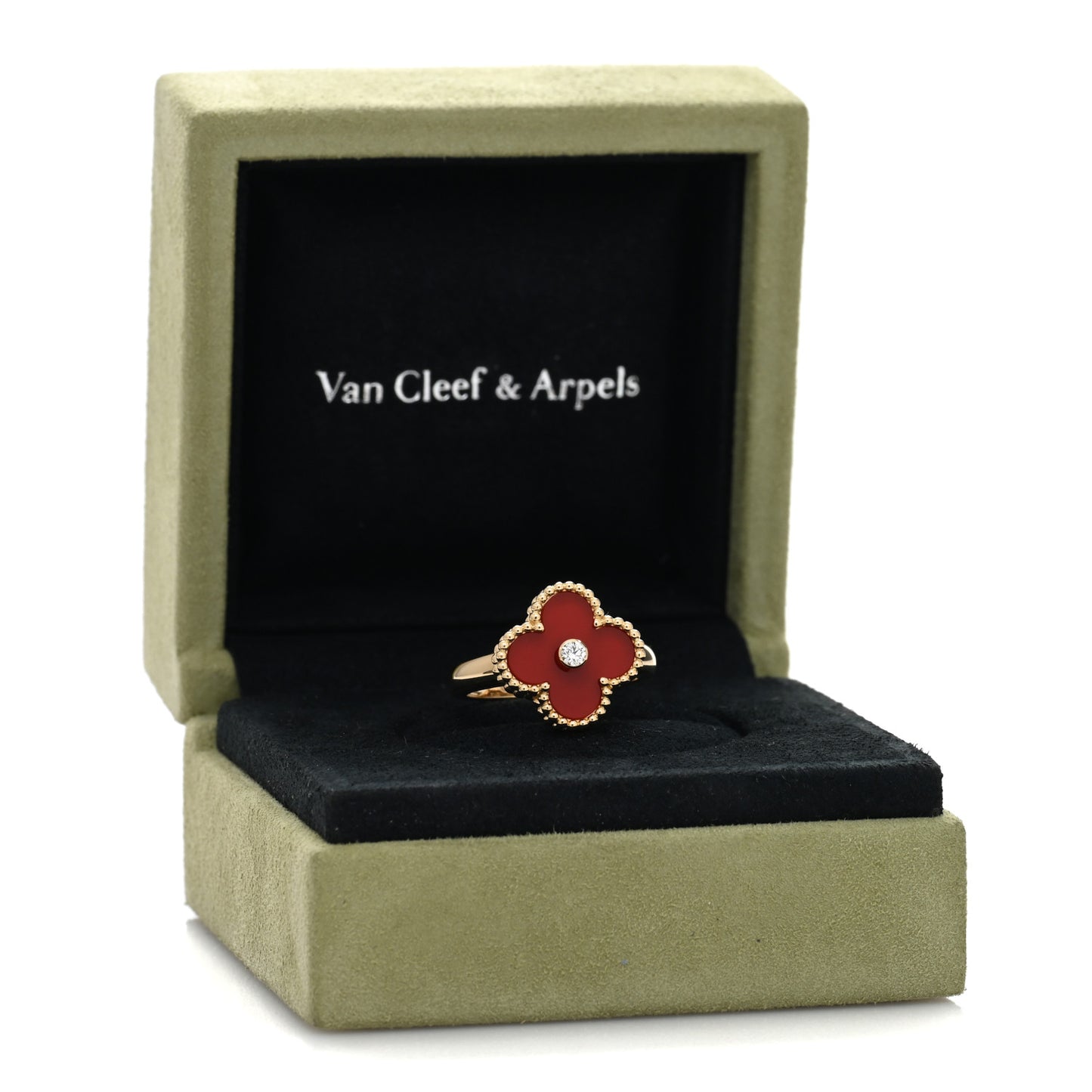 18K Yellow Gold Carnelian Diamond Vintage Alhambra Ring 54 7
