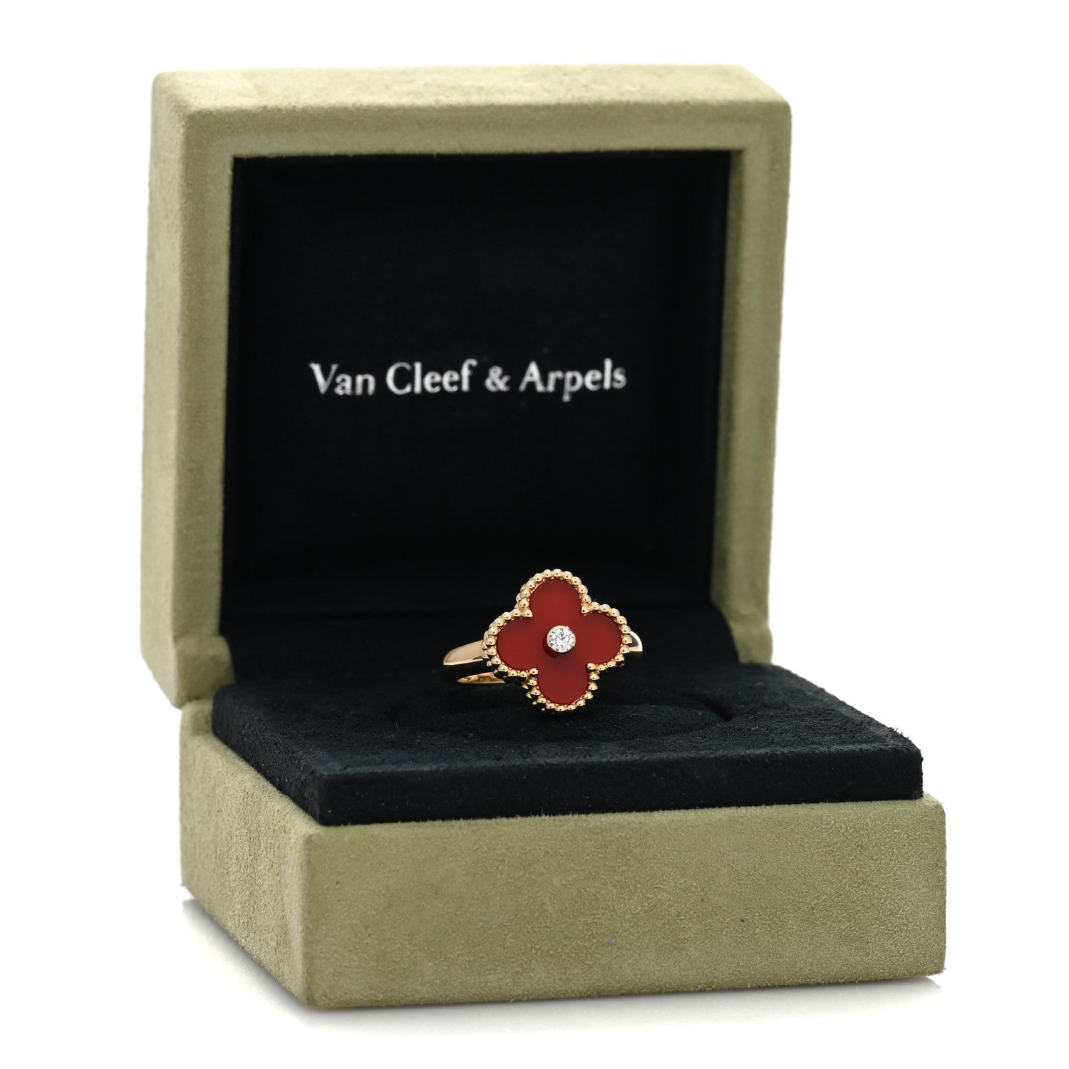 Van Cleef & Arpels 18K Yellow Gold Carnelian Diamond Vintage Alhambra Ring 54 7 5 of 5
