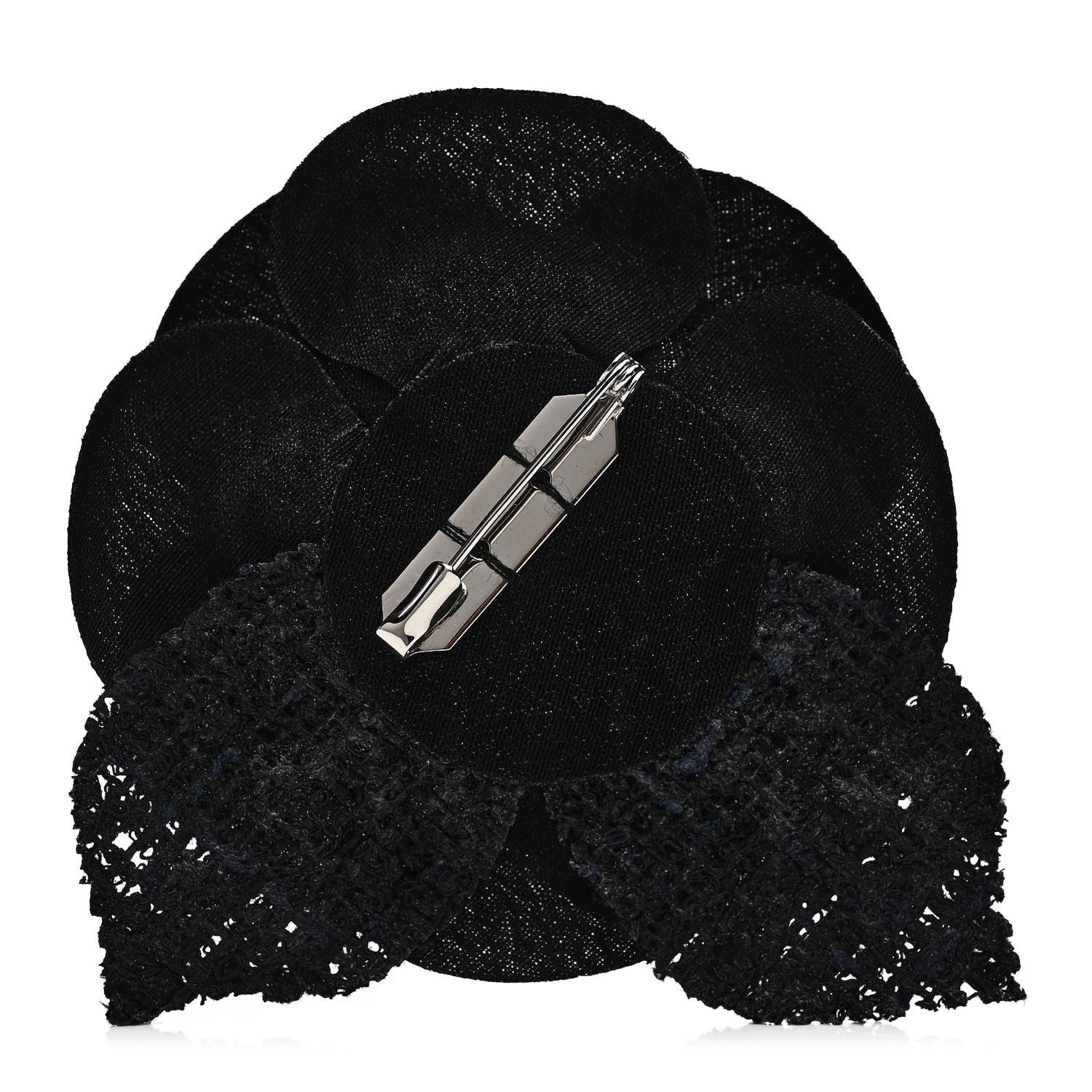 Chanel Tweed Fabric Camellia Pin Brooch Navy Blue Black 3 of 4