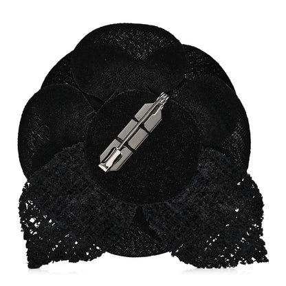 Chanel Tweed Fabric Camellia Pin Brooch Navy Blue Black 3 of 4