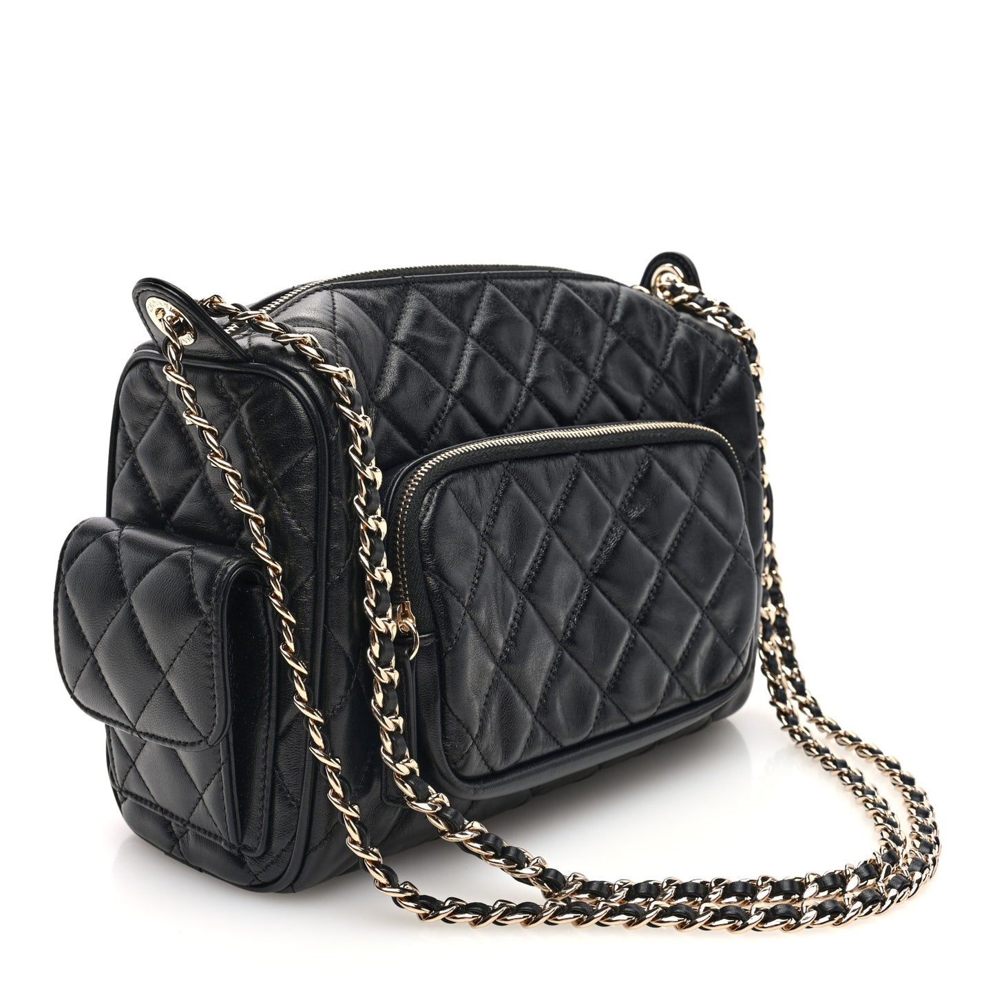 Shiny Crumpled Lambskin Quilted Medium Preppy Pocket Camera Case Black