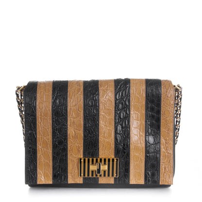 Fendi Calfskin Crocodile Embossed Striped Claudia Large Shoulder Bag Black 1 of 8