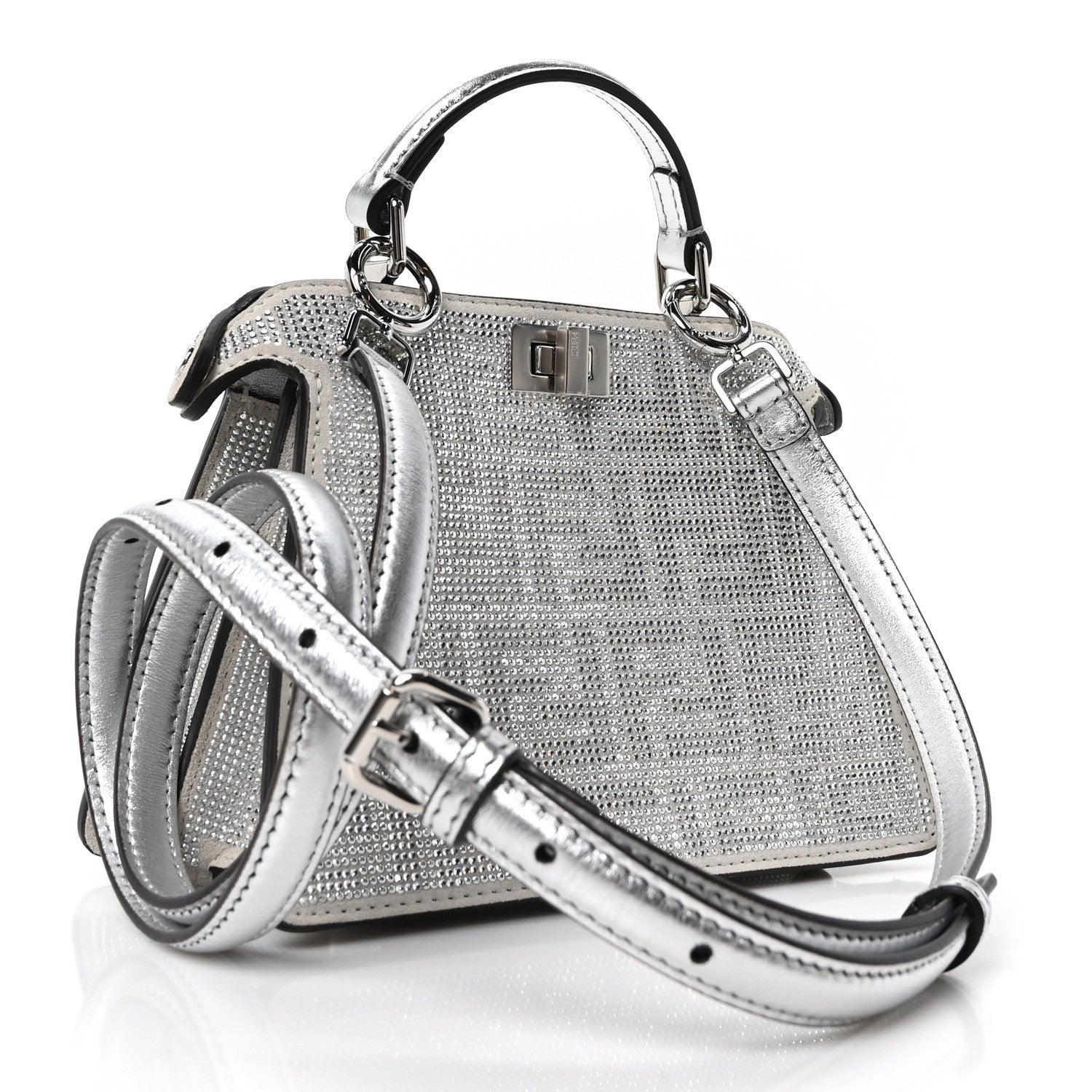 Fendi Crystal Vitello Laminato FF Petite Peekaboo I SEE U Satchel Crystal Argento 3 of 9