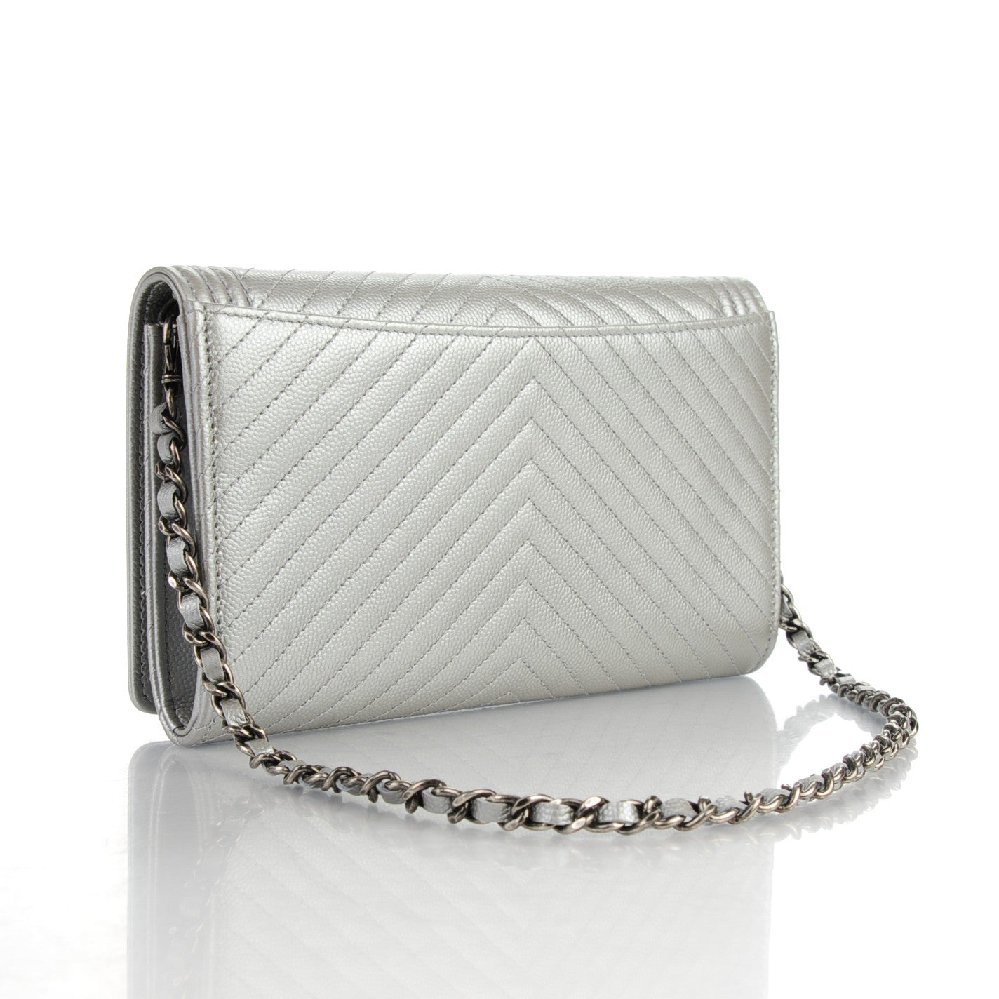 Caviar Chevron Quilted Boy Wallet on Chain WOC Silver