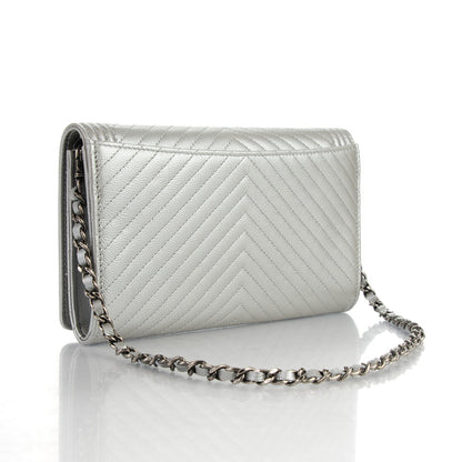 Chanel Caviar Chevron Quilted Boy Wallet on Chain WOC Silver 3 of 9
