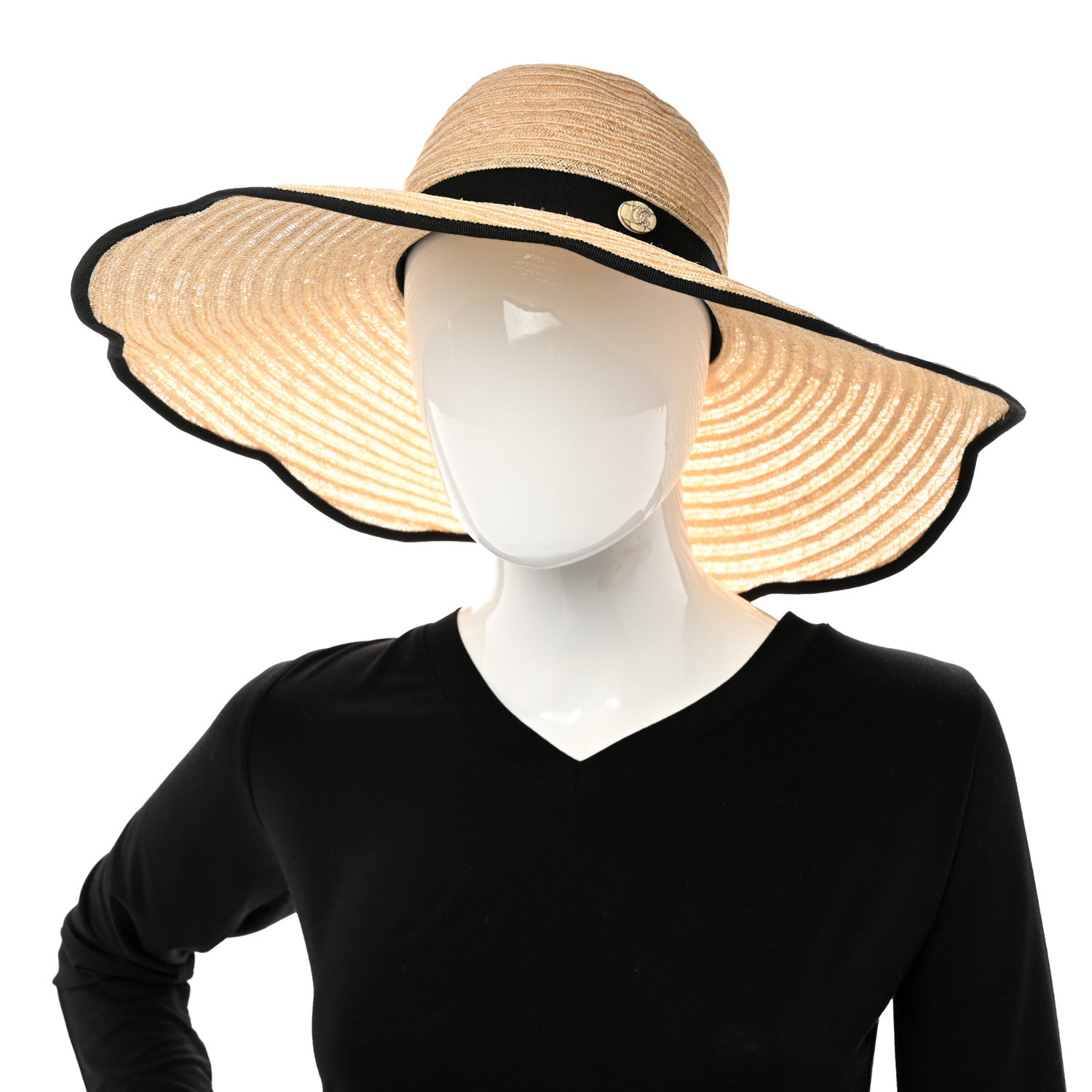 Chanel Straw Grosgrain Wide Brim Hat M Beige Black 2 of 11