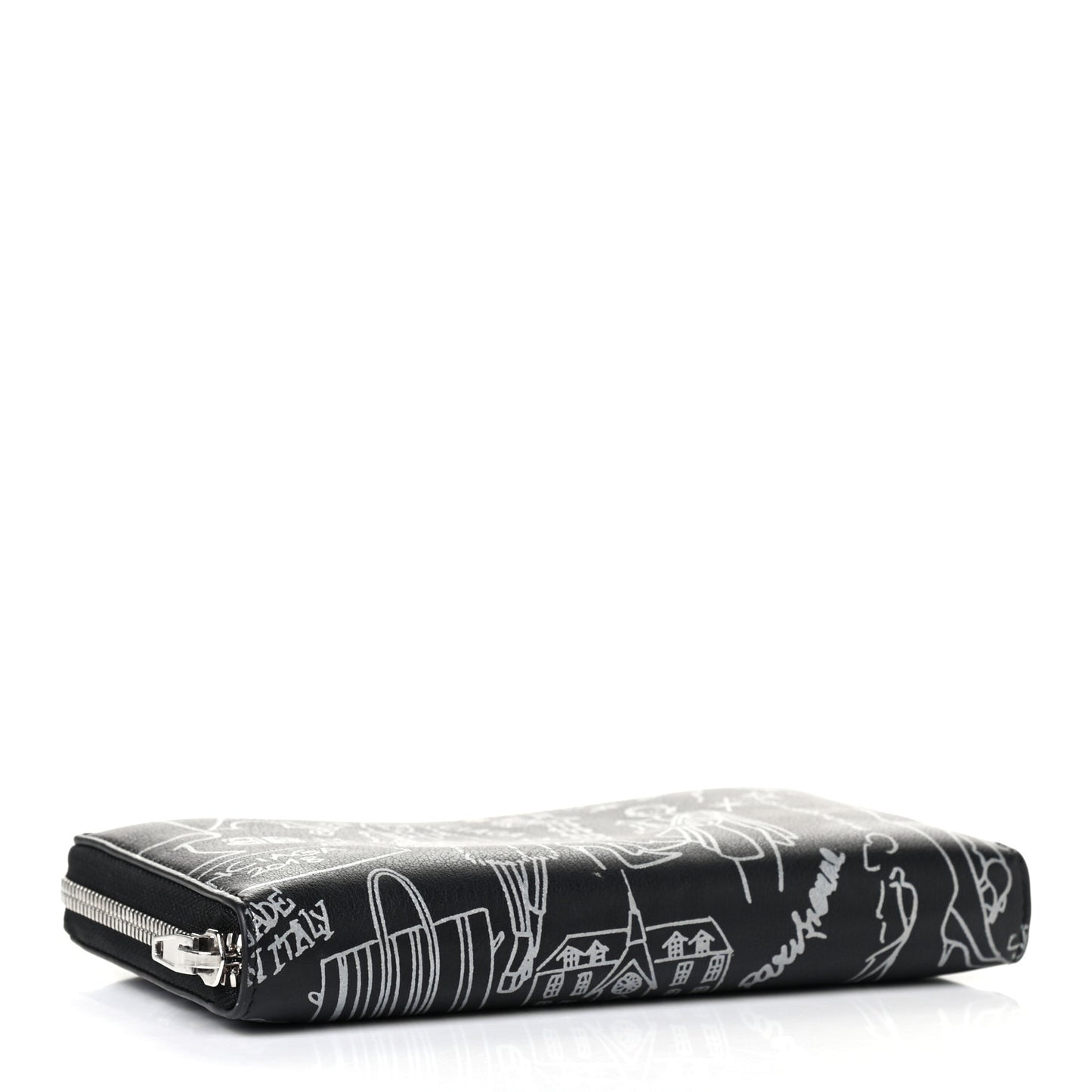 Calfskin Classic Silver Hardware Printed Tattoo Everyday Continental Zip Around Wallet Black