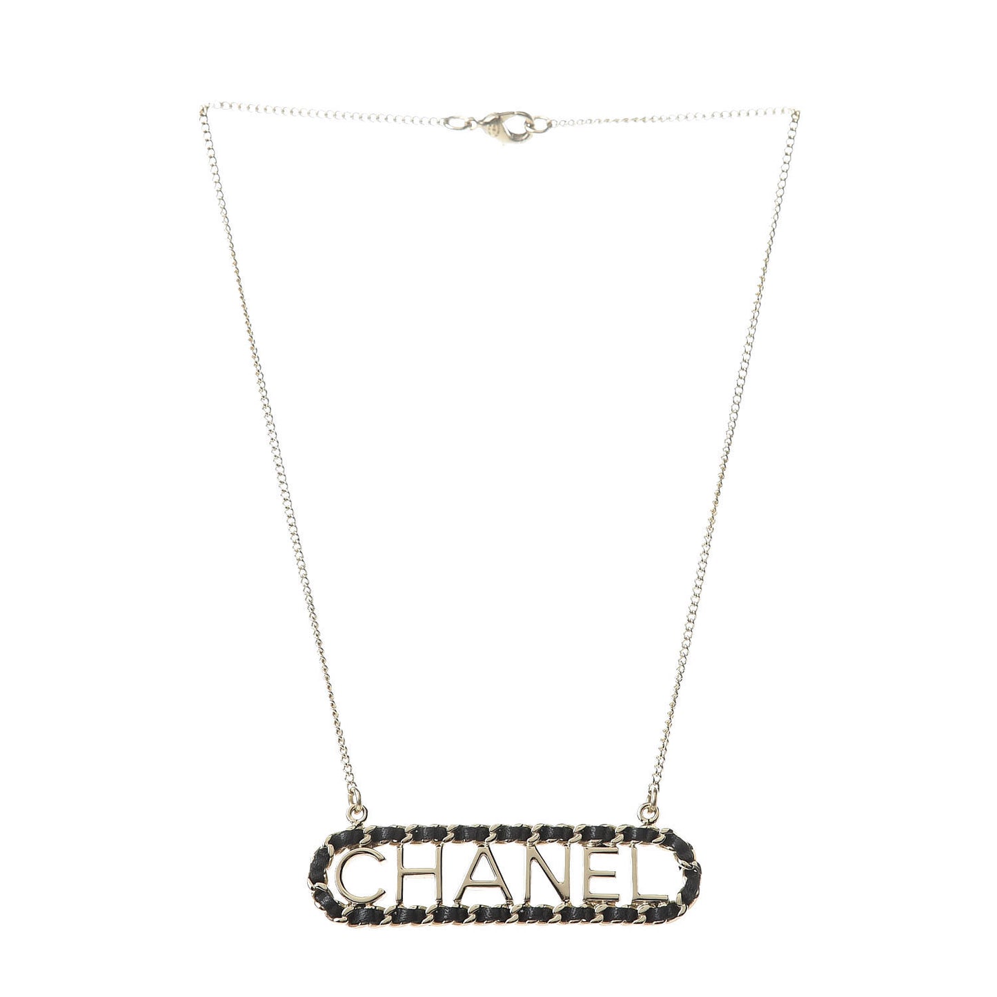 Metal Lambskin Logo Necklace Black Gold