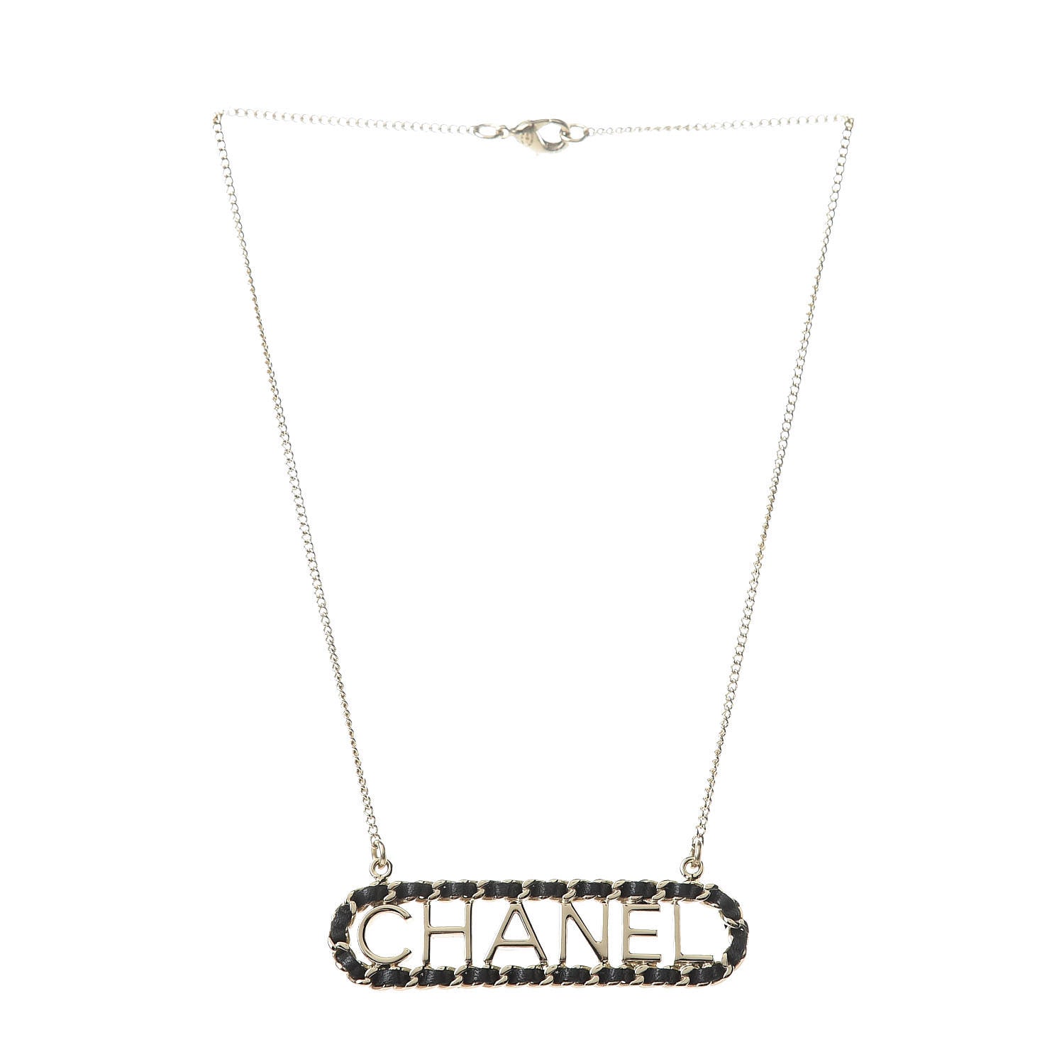 Chanel Metal Lambskin Logo Necklace Black Gold 3 of 5