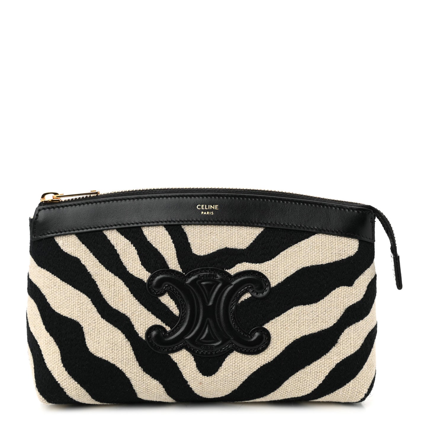 Canvas Calfskin Triomphe Zebra Medium Pouch Tan Natural Black