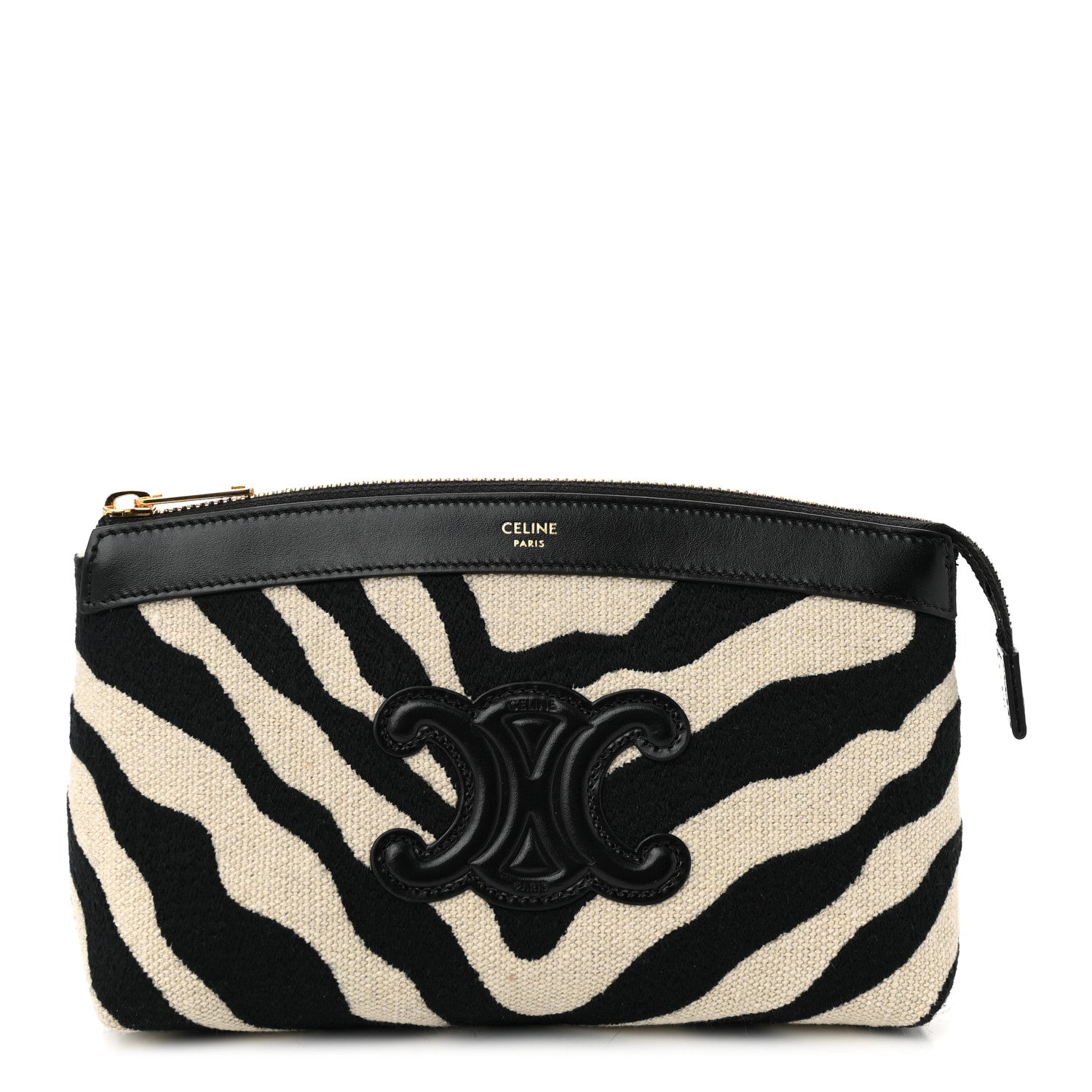 Celine Canvas Calfskin Triomphe Zebra Medium Pouch Tan Natural Black 1 of 9