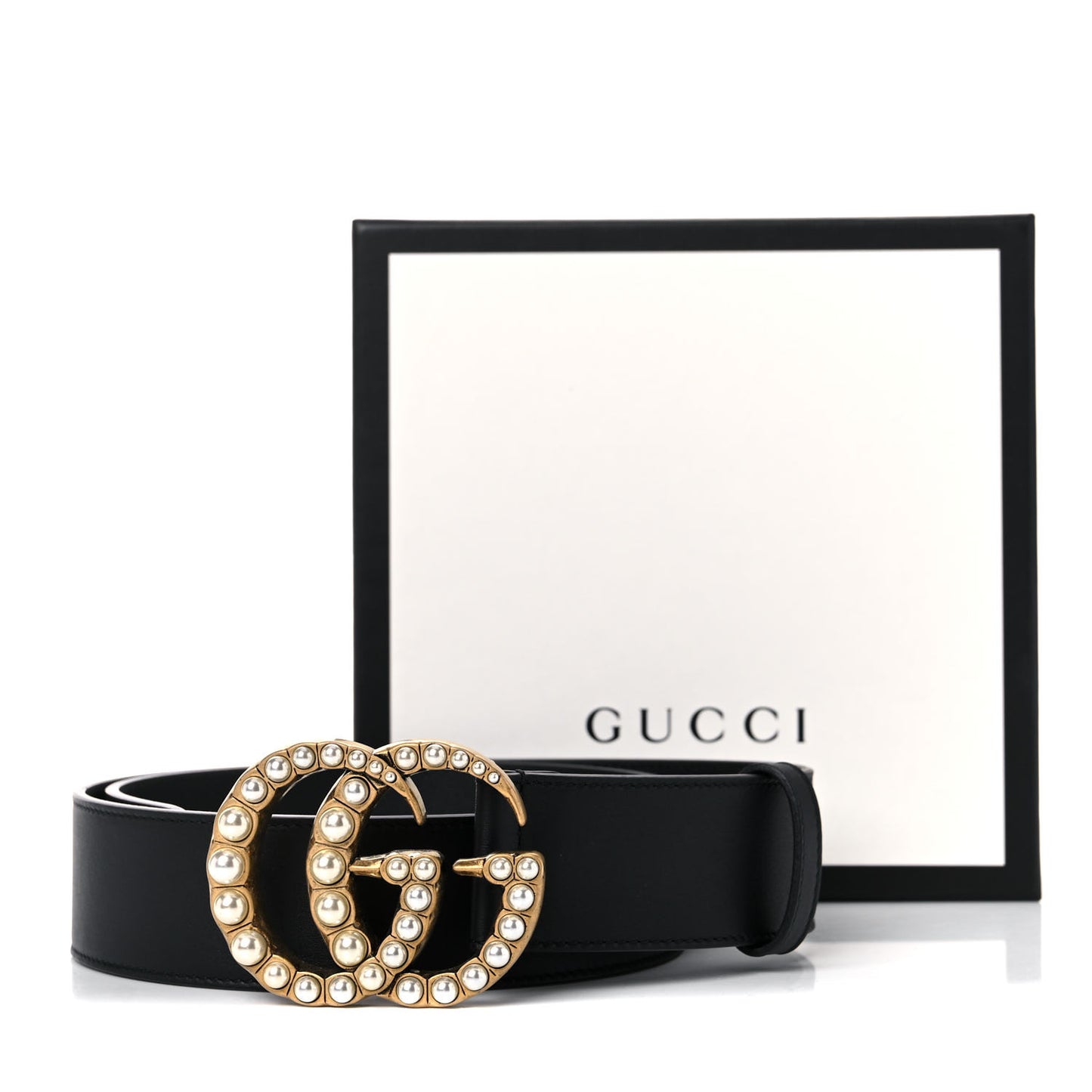 Moon Calfskin Pearl Double G 40mm Belt 80 32 Black Cream