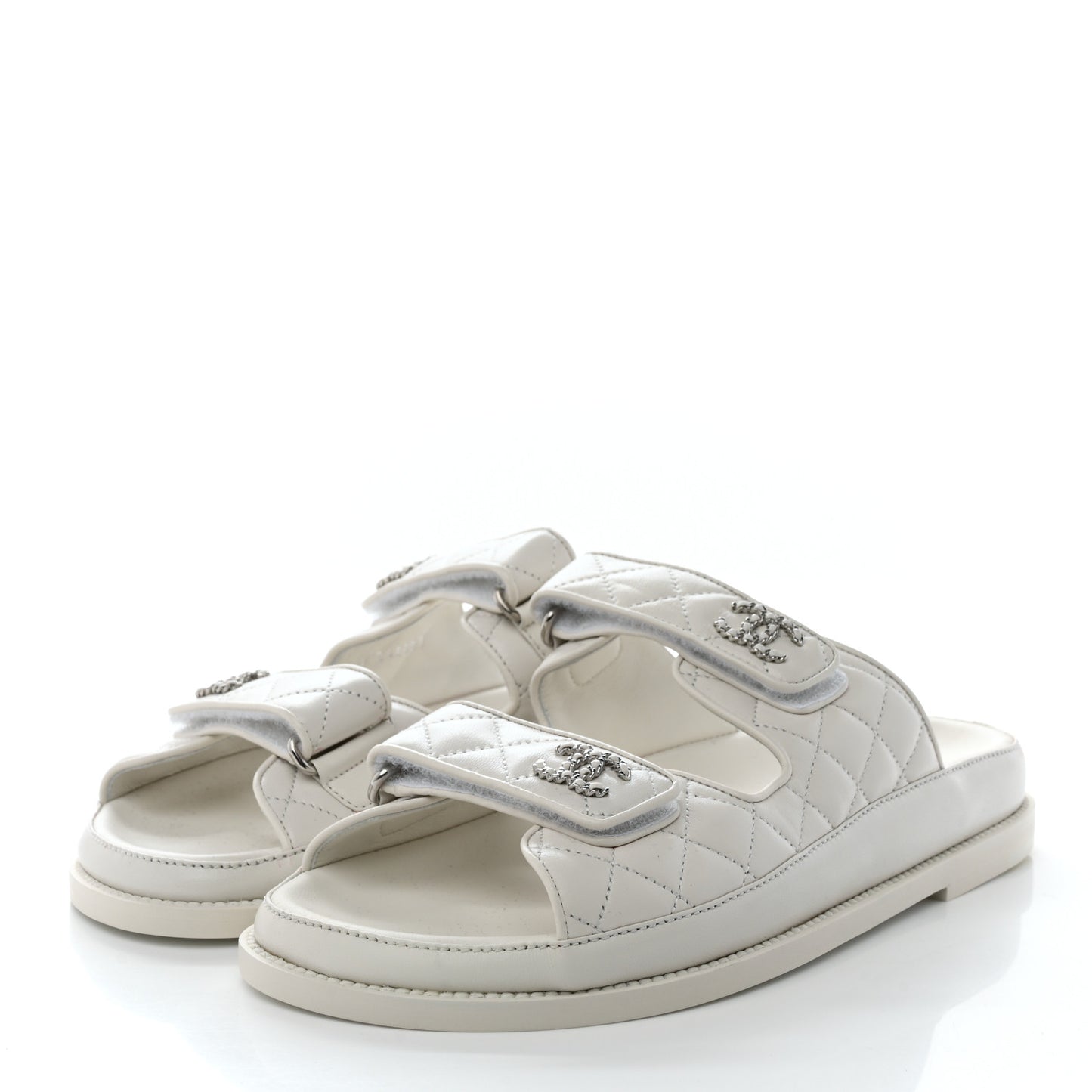 Laminated Lambskin Quilted Velcro Dad Chain CC Slide Sandals 40 White