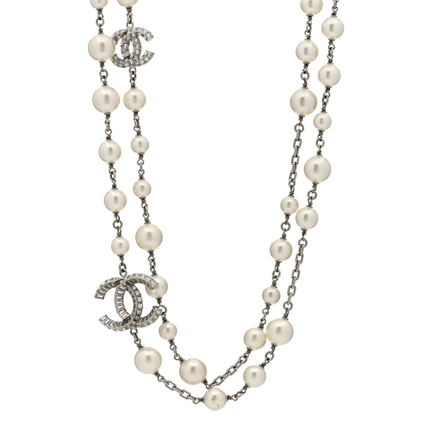 Pearl Baguette Crystal CC Long Necklace Silver