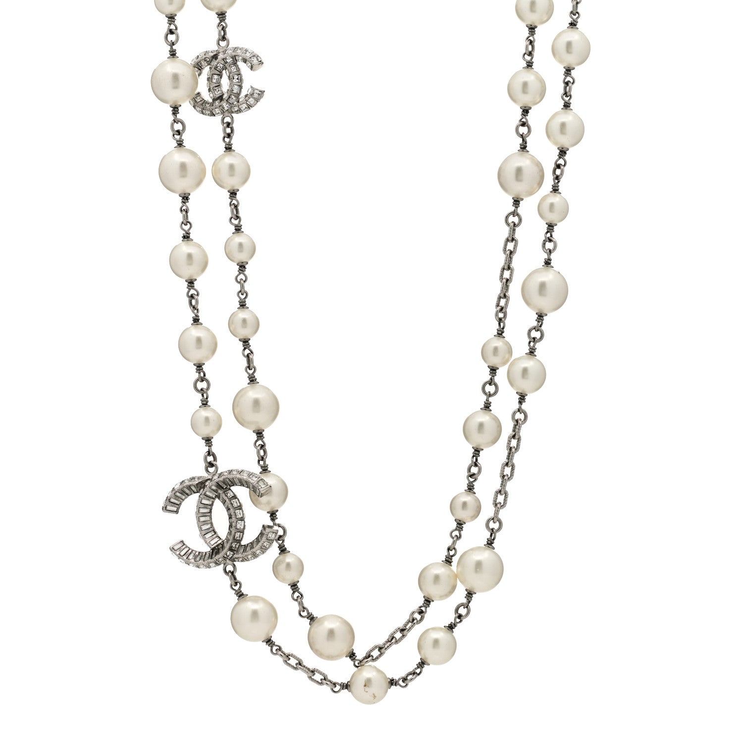 Chanel Pearl Baguette Crystal CC Long Necklace Silver 1 of 6