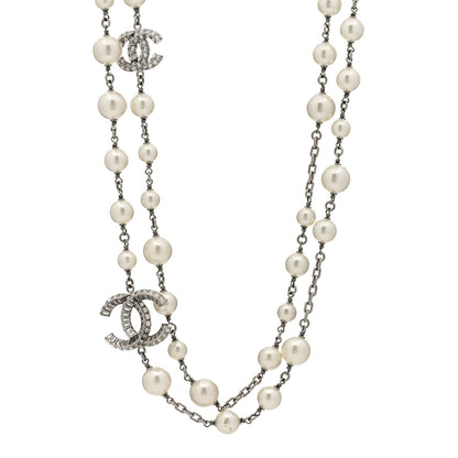 Chanel Pearl Baguette Crystal CC Long Necklace Silver 1 of 6