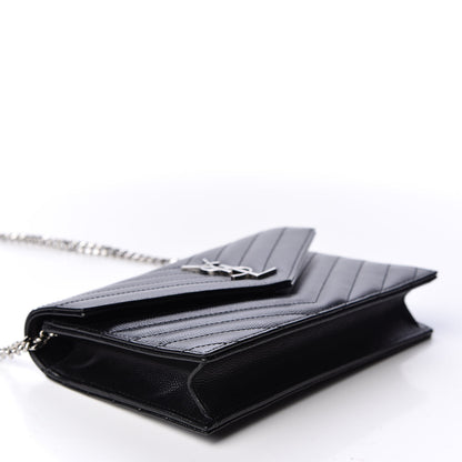 Saint Laurent Grain De Poudre Matelasse Chevron Monogram Envelope Chain Wallet Black 3 of 9