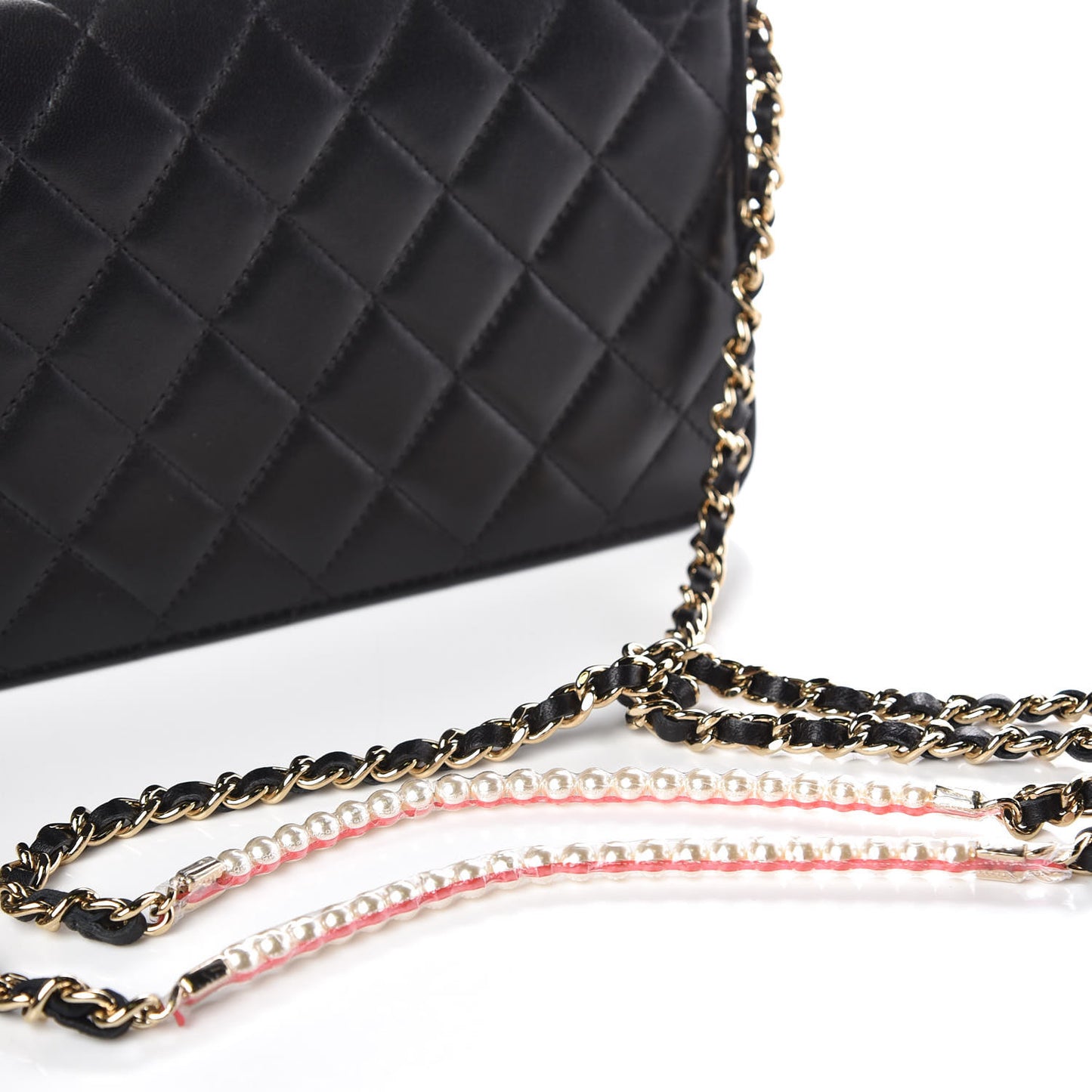 Lambskin Quilted Pearl Wallet On Chain WOC Black