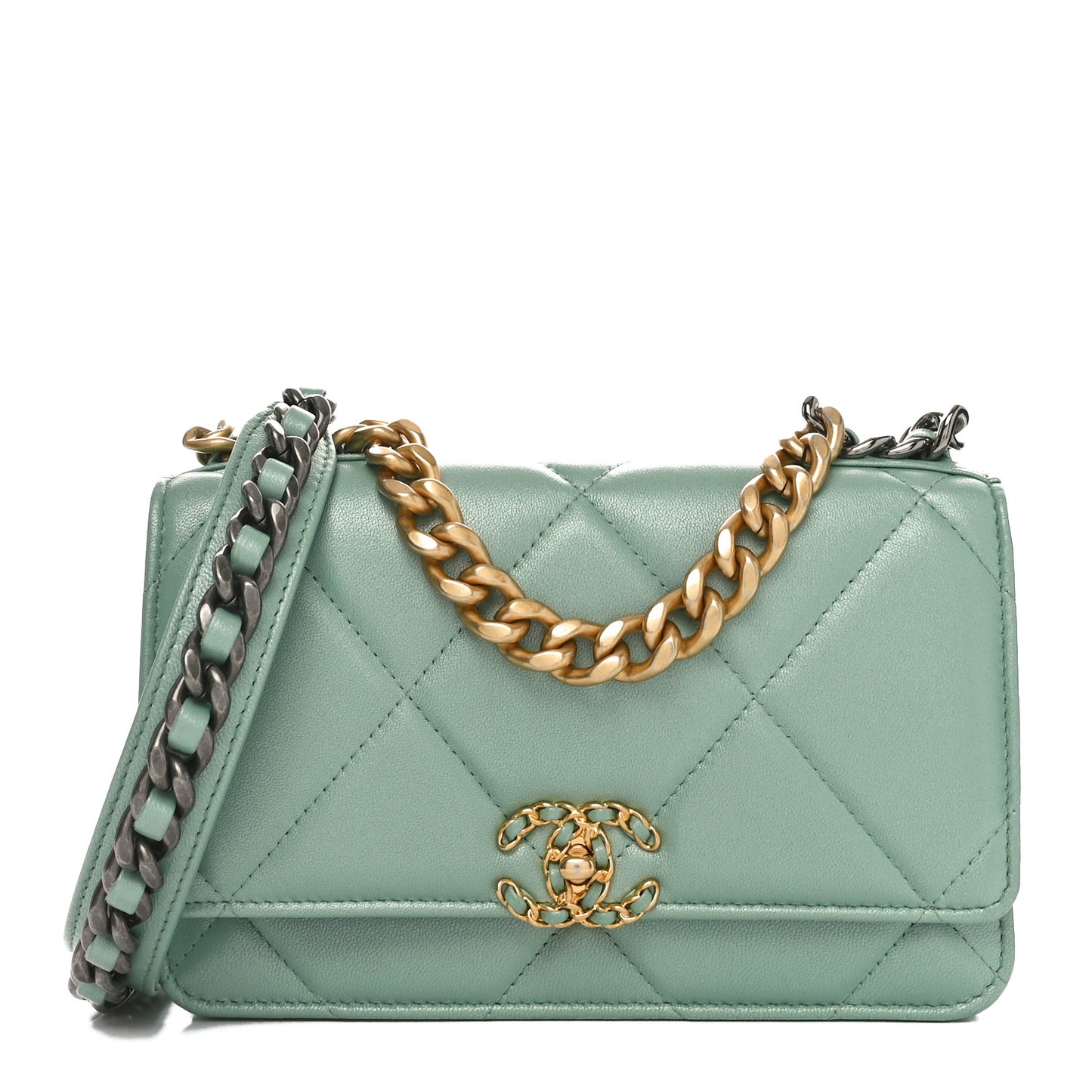 Shiny Lambskin Quilted Chanel 19 Wallet On Chain WOC Light Green