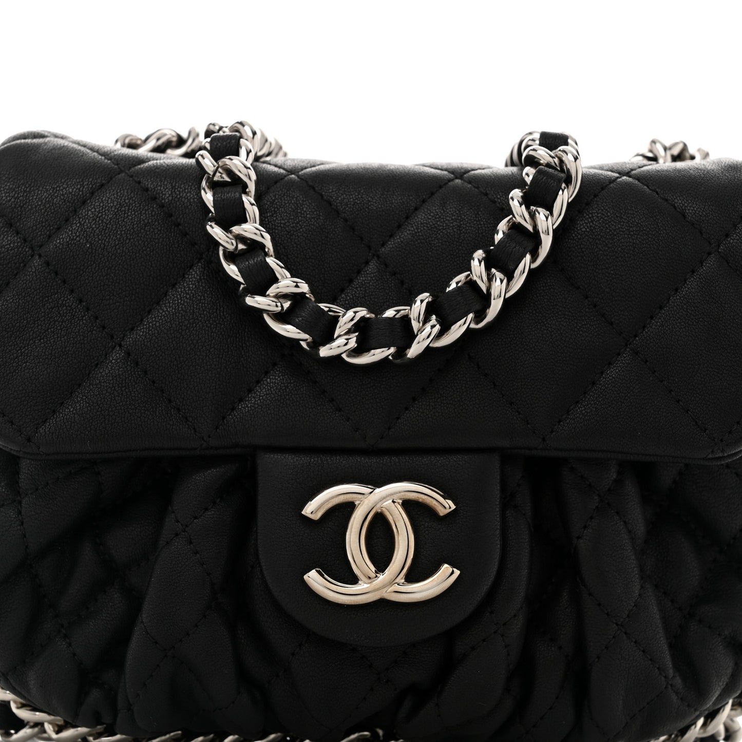 Washed Lambskin Quilted Mini Chain Around Flap Black