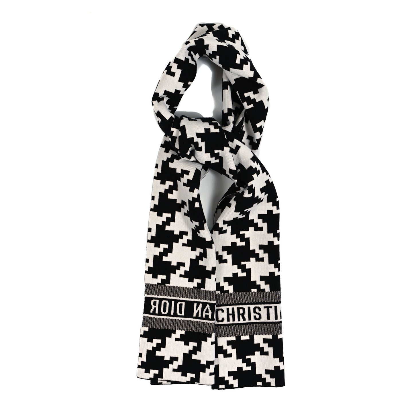 Cashmere Wool Houndstooth Fringe Scarf White Black