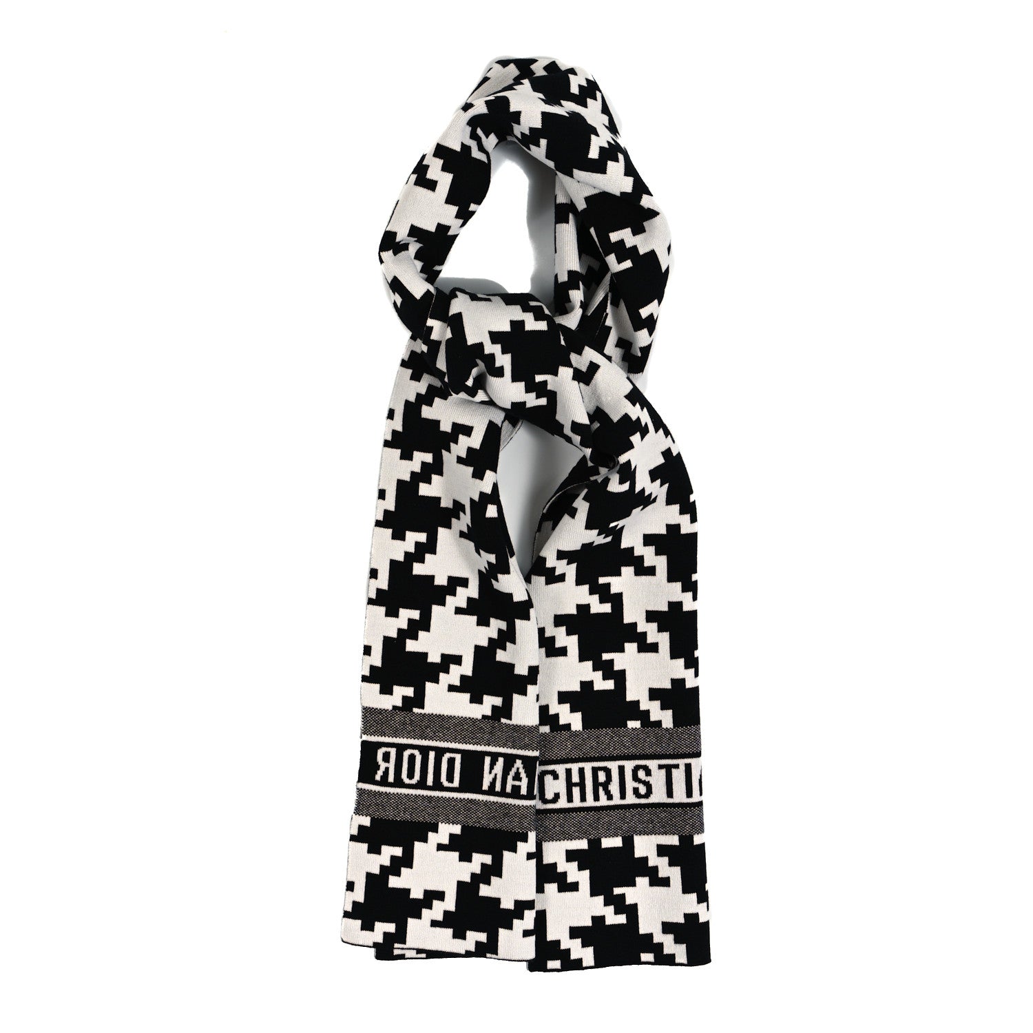 Christian Dior Cashmere Wool Houndstooth Fringe Scarf White Black 1 of 3