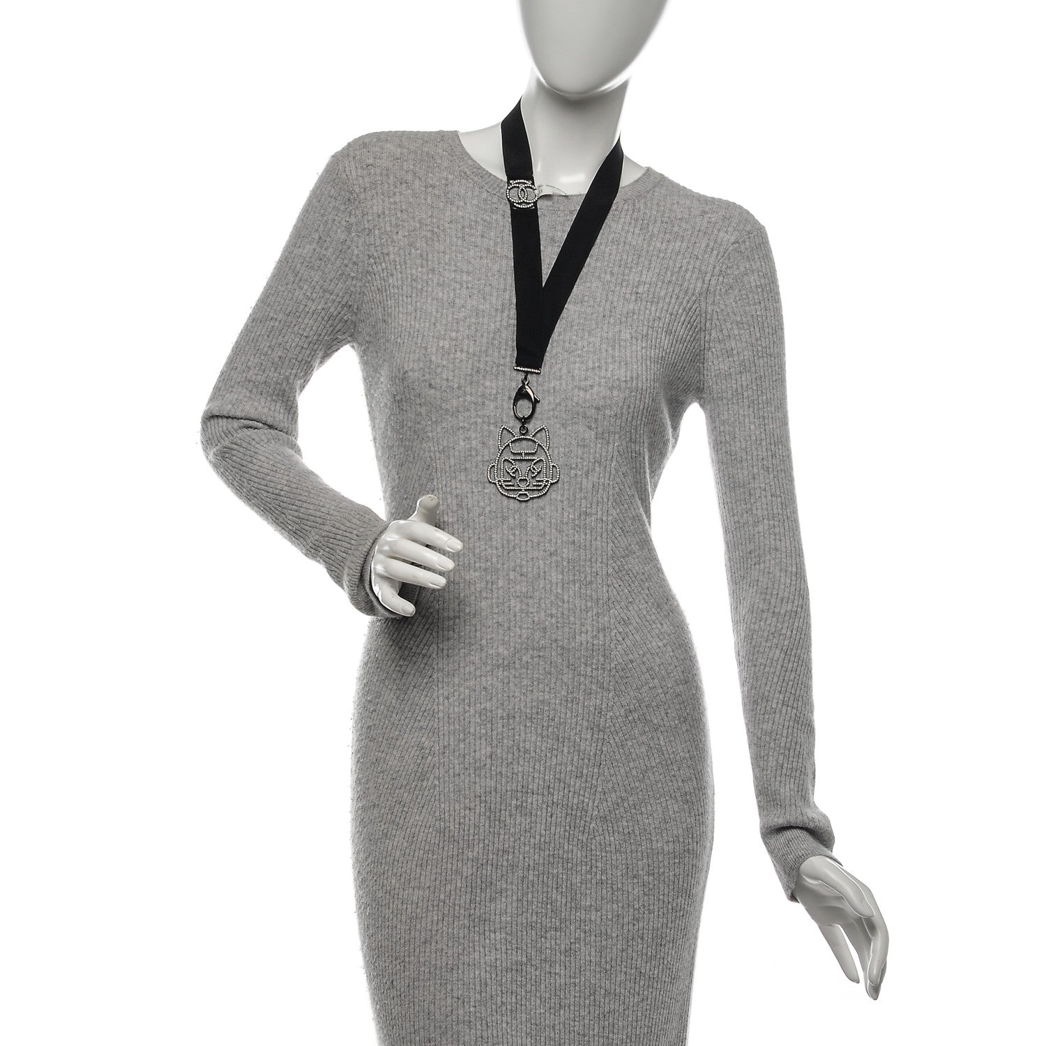 Chanel Crystal CC Emoji Robot Cat Lanyard Necklace Black Silver 2 of 5