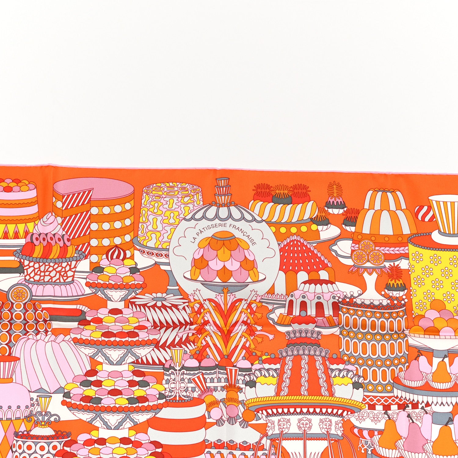 Hermes Silk La Patisserie Francaise Scarf 90 Orange Rose Gris 5 of 6
