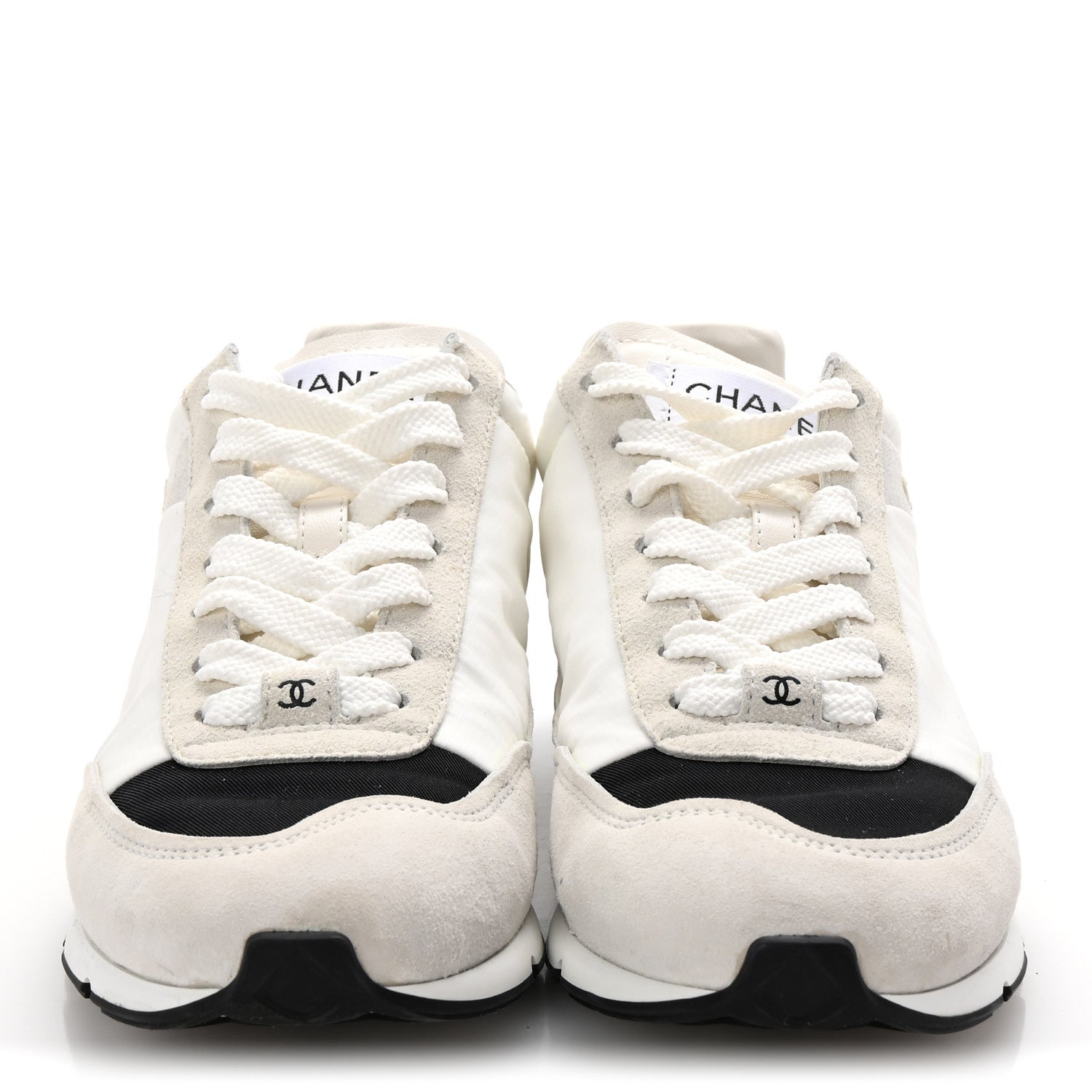 Chanel Nylon Suede Kidskin Calfskin Logo Sneakers 37 White Black 3 of 10
