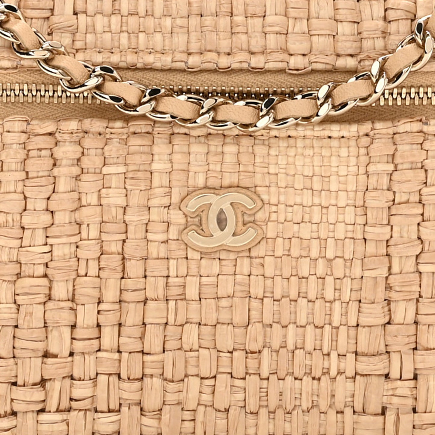 Braided Raffia Quilted Top Handle Slim Vanity Case With Chain Beige