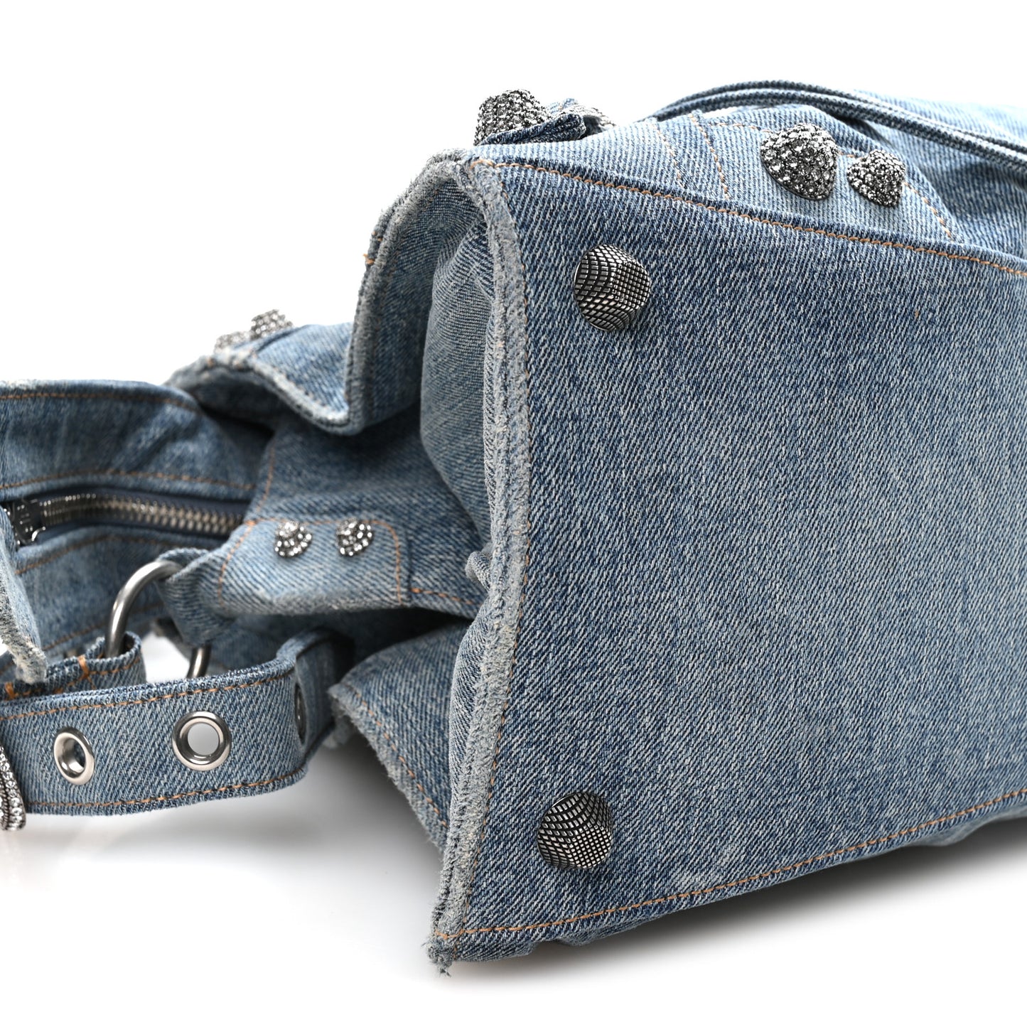 Washed Frayed Denim Crystal Neo Cagole City Handbag Blue