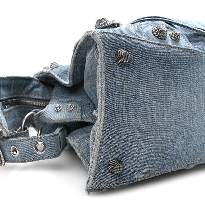 Balenciaga Washed Frayed Denim Crystal Neo Cagole City Handbag Blue 10 of 12
