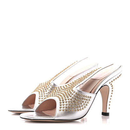 Gucci Metallic Calfskin Crystal Studded Fedra Mule Sandals 36.5 Silver 3 of 8