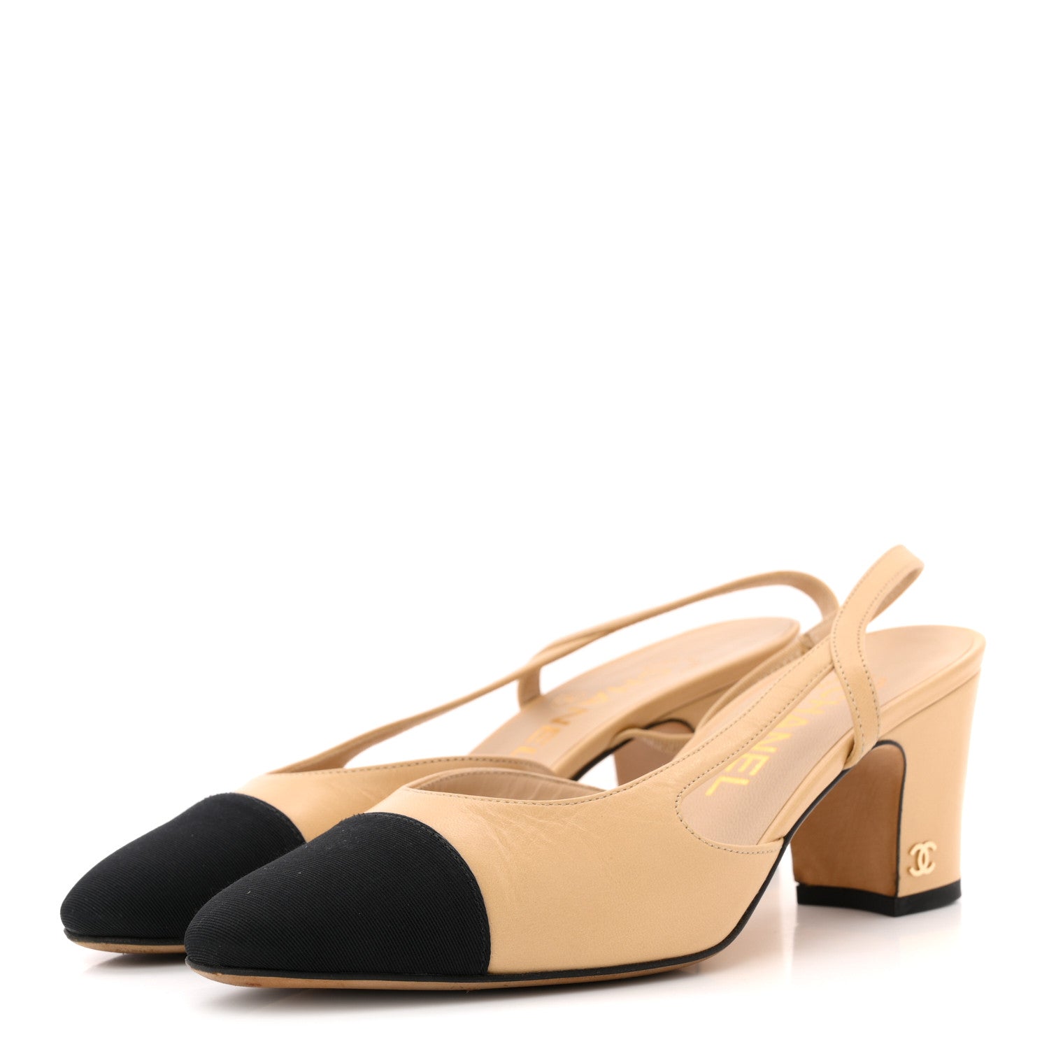 Chanel Goatskin Grosgrain Cap Toe CC Slingback Pumps 36 Beige Black 4 of 13