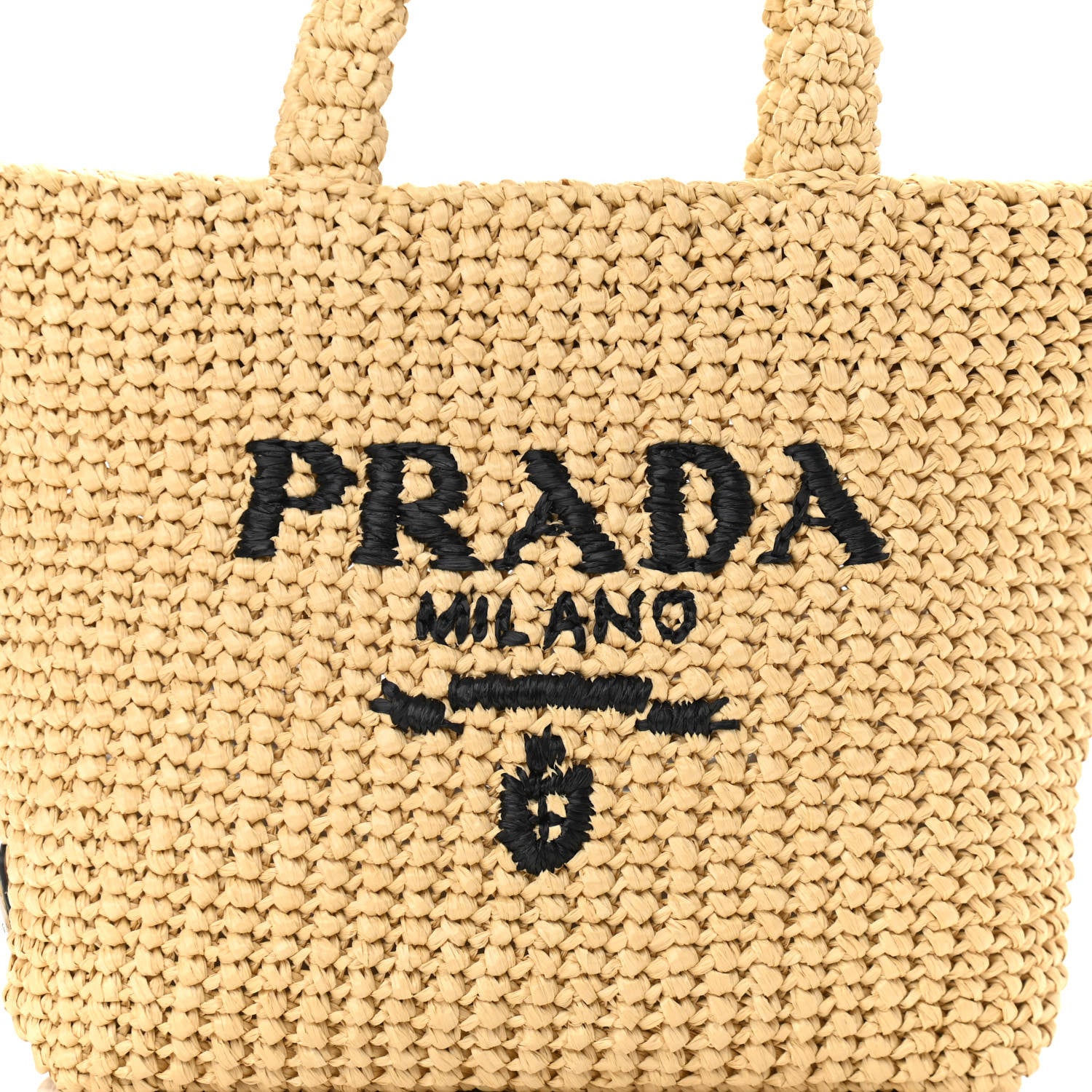 Prada Yarn Raffia Effect Crochet Embroidered Small Logo Tote Naturale 7 of 9