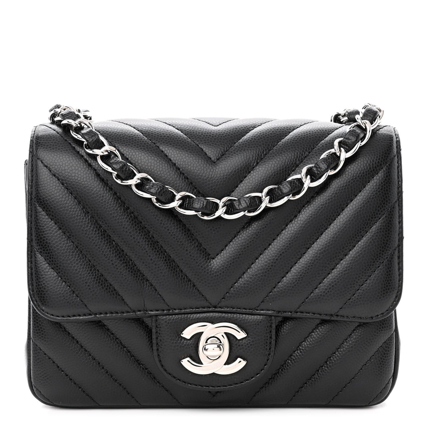 Caviar Chevron Quilted Mini Square Flap Black